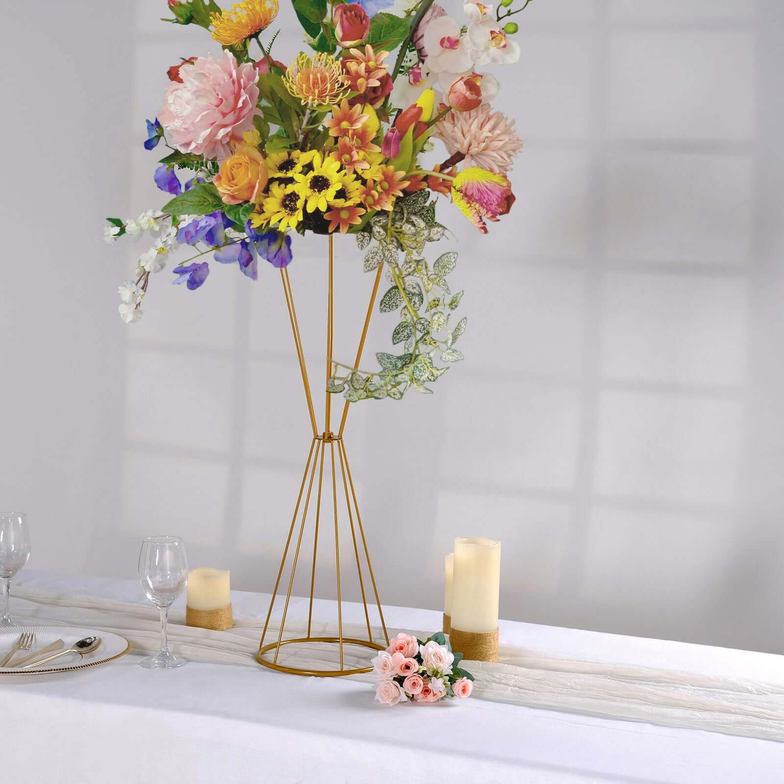 Dual Cone Gold Metal Flower Stand 27" Reversible Geometric Pedestal - Wedding Centerpiece - Image 7