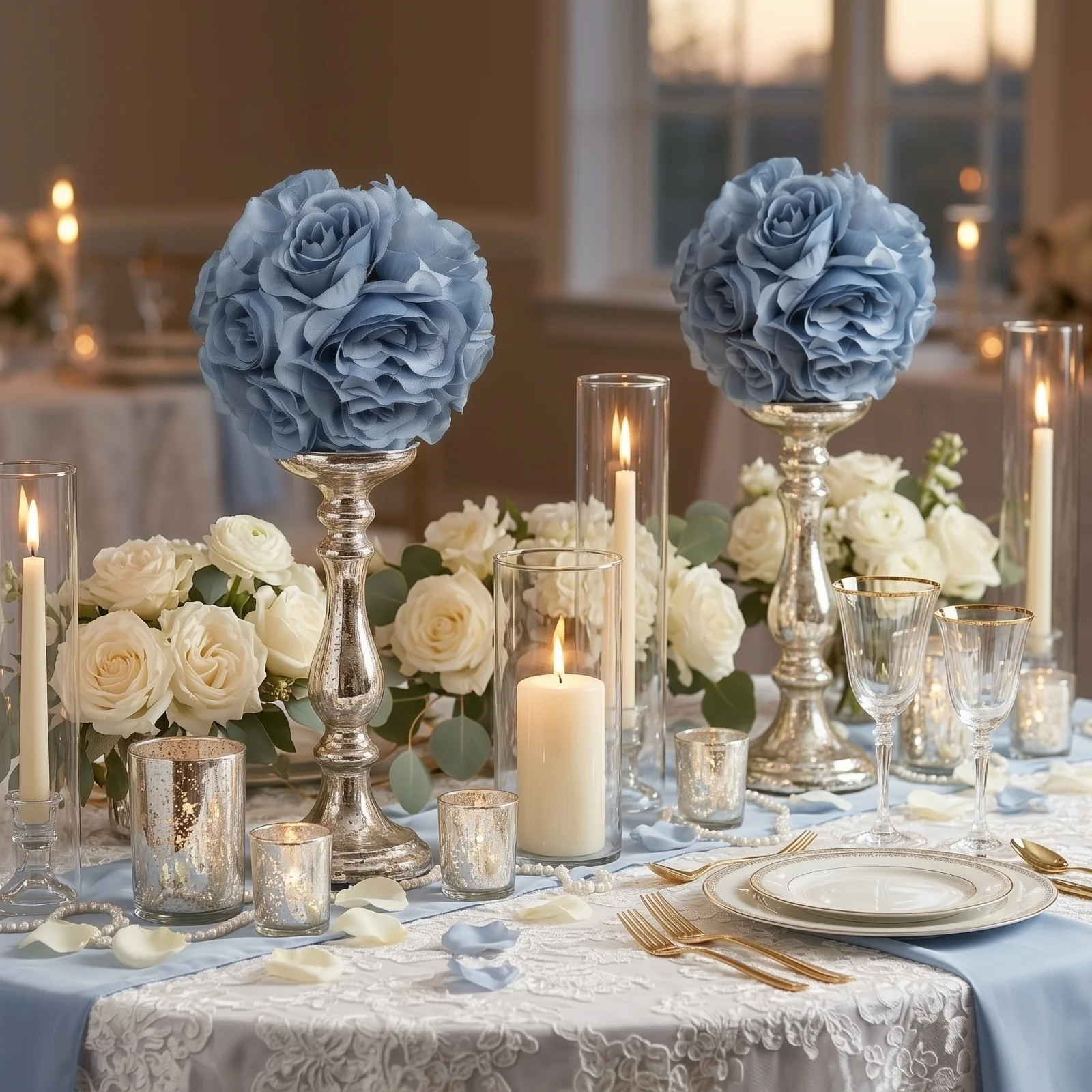 2 Pack Dusty Blue Artificial Silk Rose Kissing Ball, Faux Flower Ball 7" - Image 6
