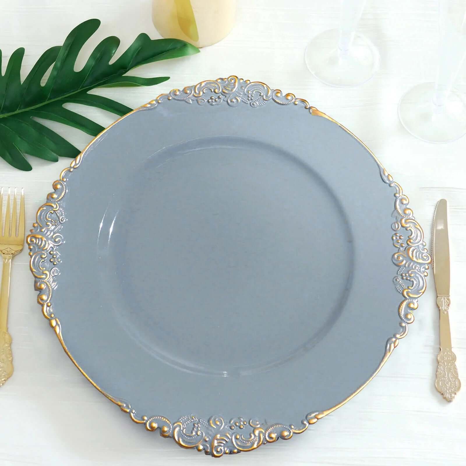 6-Pack Acrylic Charger Plates 13" Round Dusty Blue with Gold Embossed Baroque Rim - Antique Decorative Dinner Tableware