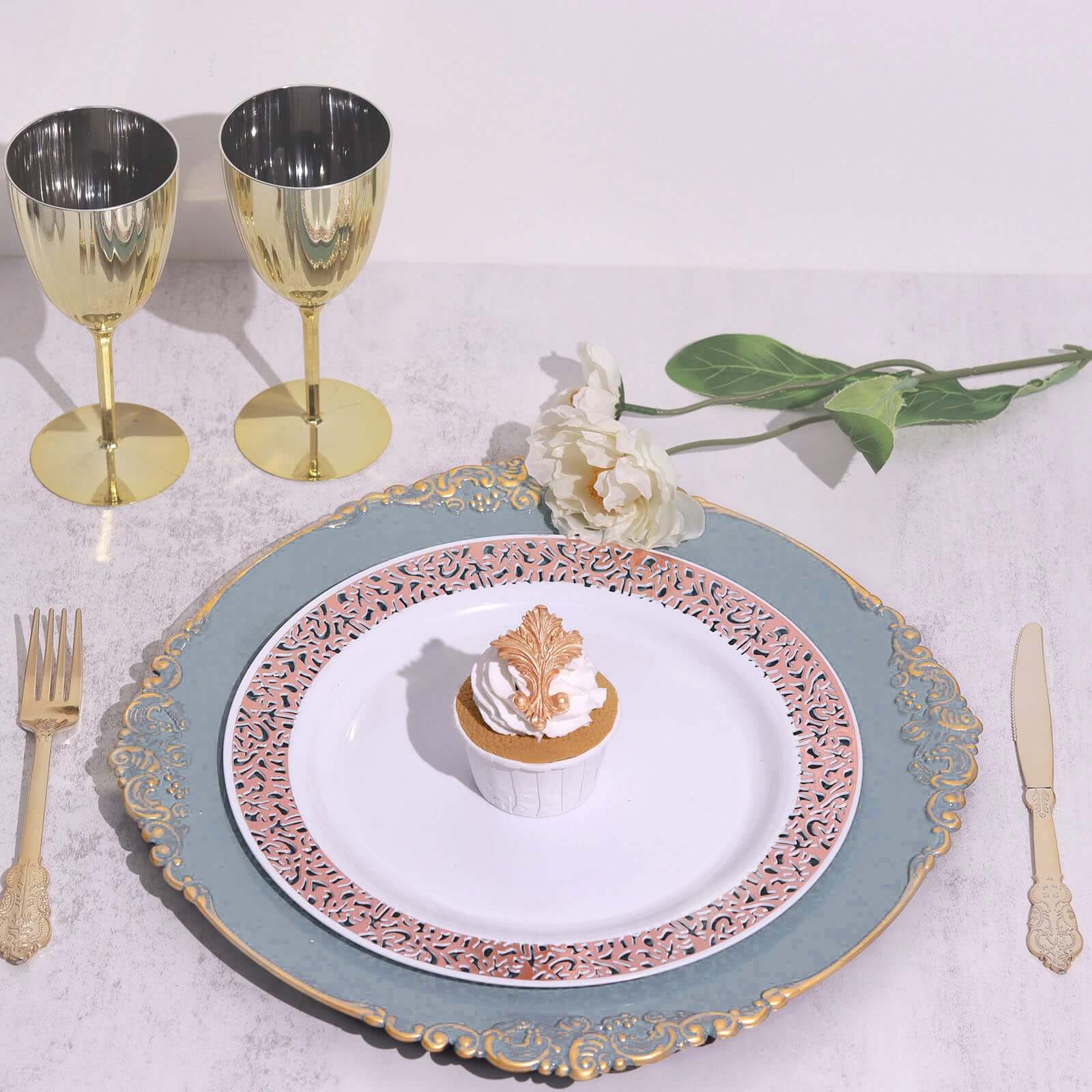 6-Pack Acrylic Charger Plates 13" Round Dusty Blue with Gold Embossed Baroque Rim - Antique Decorative Dinner Tableware - Image 2
