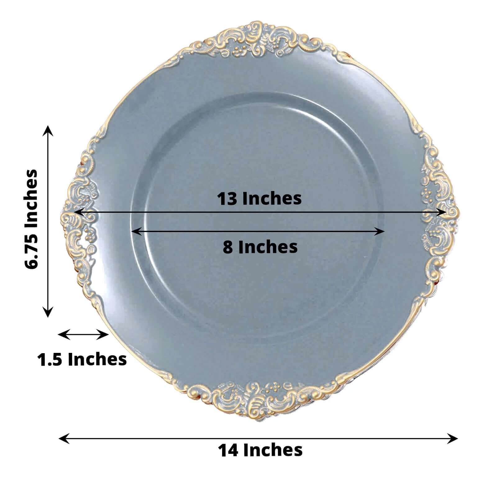 6-Pack Acrylic Charger Plates 13" Round Dusty Blue with Gold Embossed Baroque Rim - Antique Decorative Dinner Tableware - Image 3