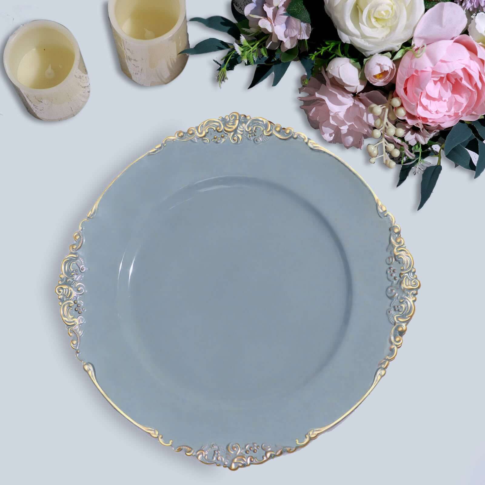 6-Pack Acrylic Charger Plates 13" Round Dusty Blue with Gold Embossed Baroque Rim - Antique Decorative Dinner Tableware - Image 7