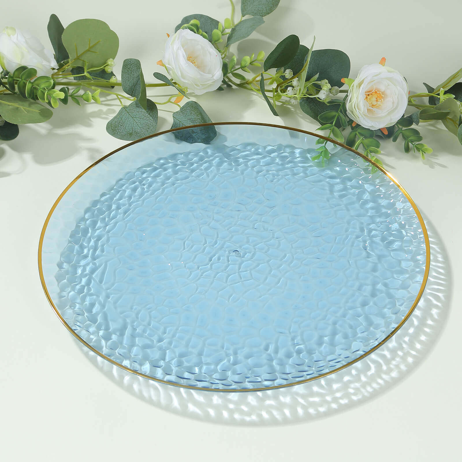 10 Pack Economy Plastic Charger Plates 13" Round Transparent Dusty Blue Hammered Design with Gold Rim - Decorative Dinner Party Serving Plates - Image 2