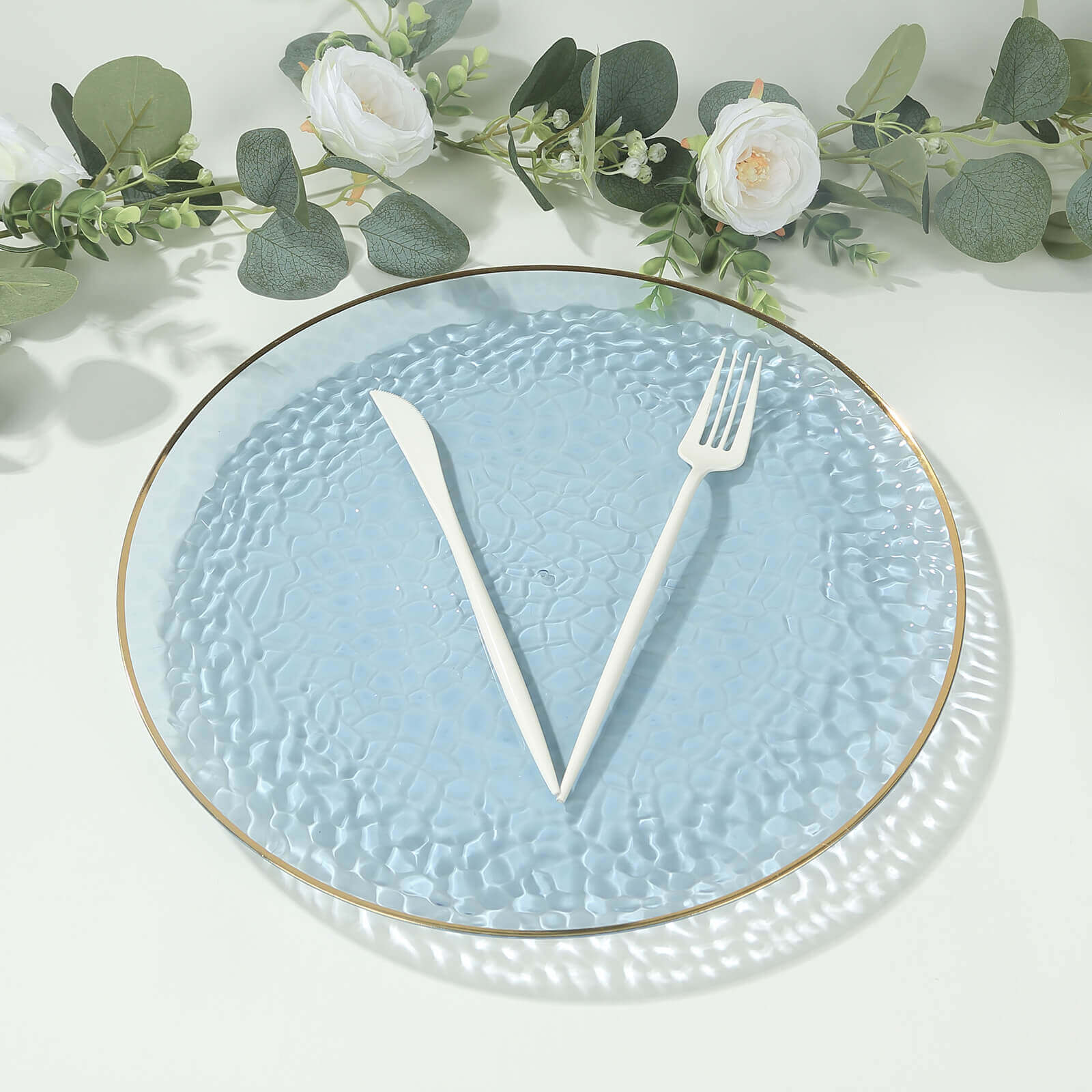 10 Pack Economy Plastic Charger Plates 13" Round Transparent Dusty Blue Hammered Design with Gold Rim - Decorative Dinner Party Serving Plates - Image 6