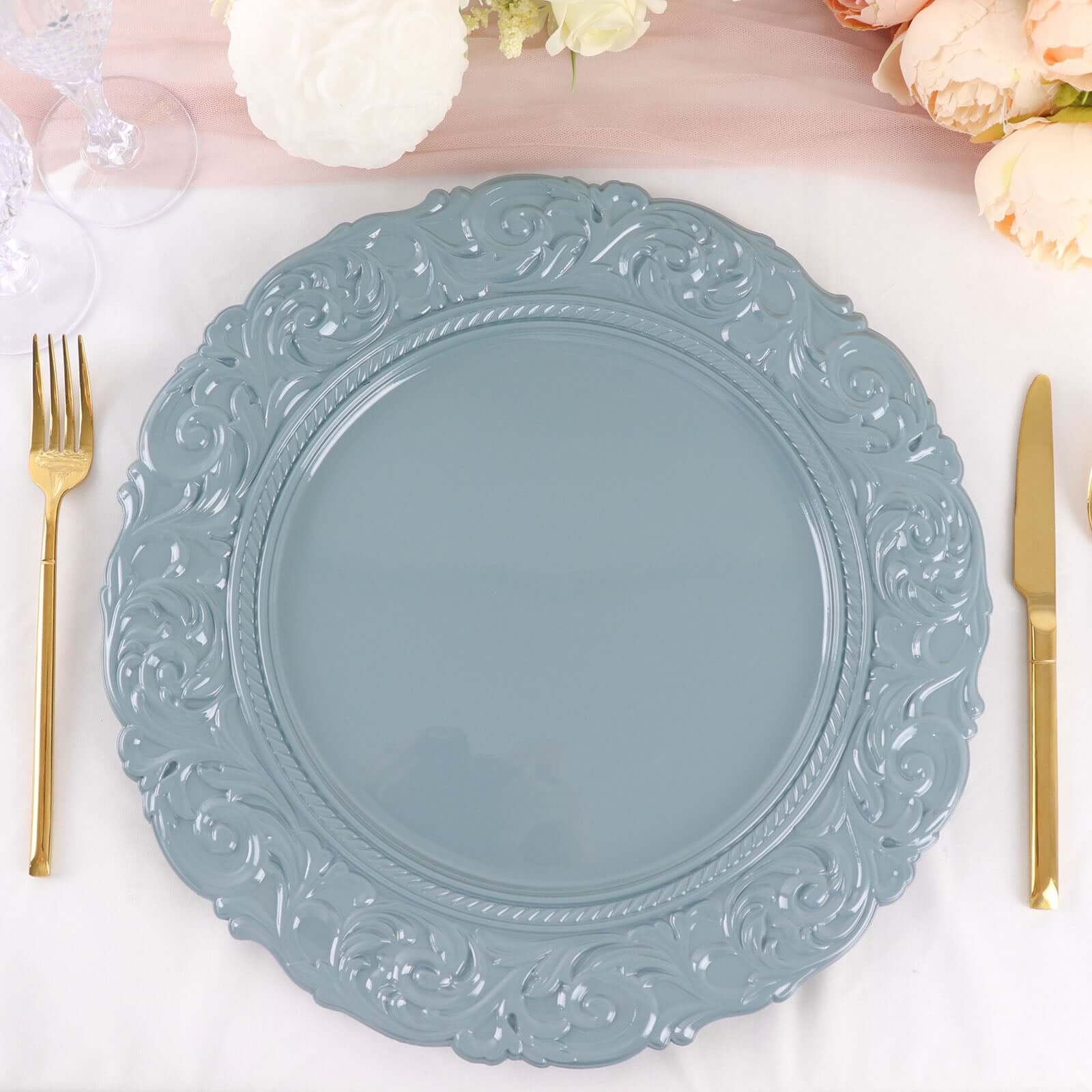 6-Pack Acrylic Charger Plates 14" Round Dusty Blue with Engraved Baroque Rim - Vintage Disposable Decorative Chargers