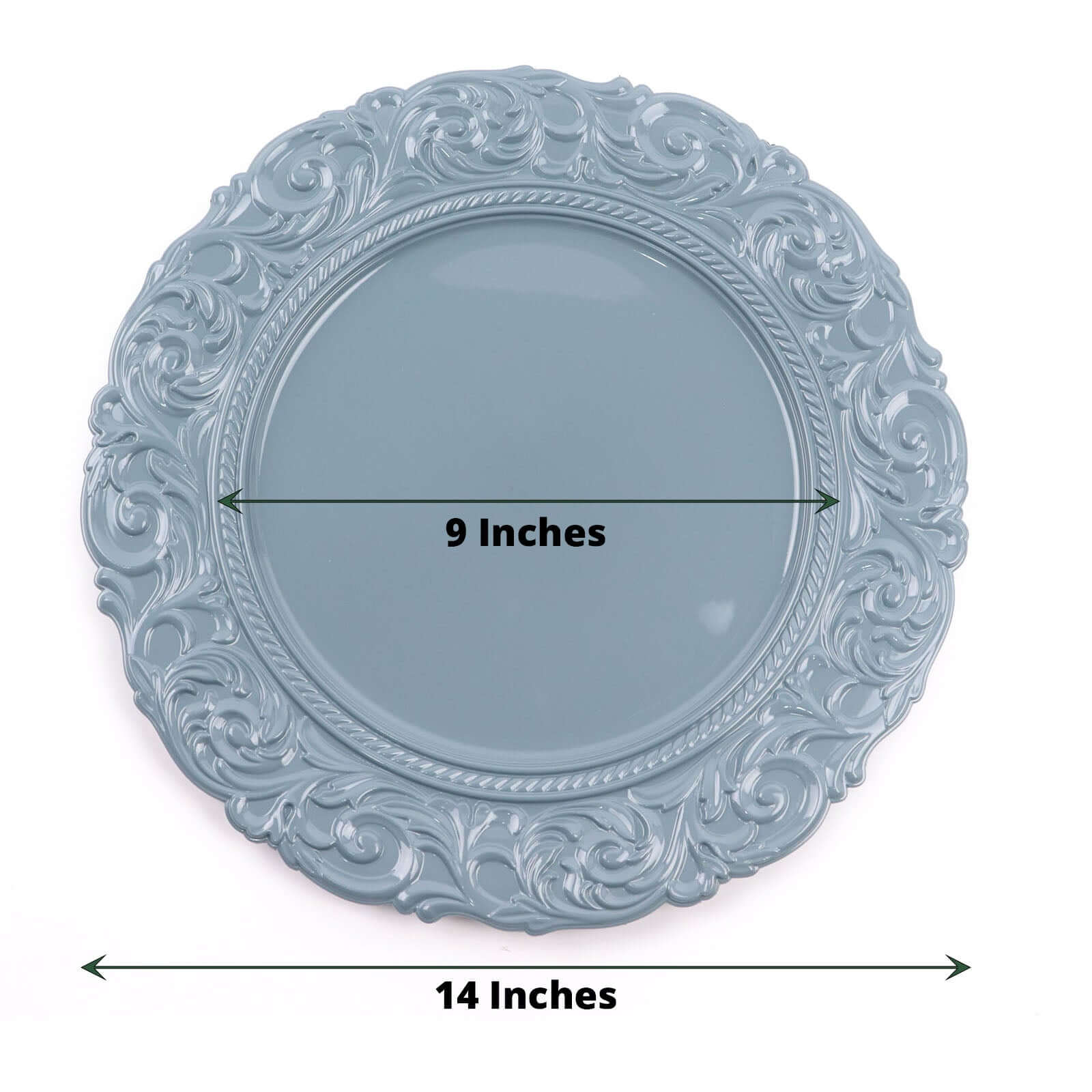 6-Pack Acrylic Charger Plates 14" Round Dusty Blue with Engraved Baroque Rim - Vintage Disposable Decorative Chargers - Image 3