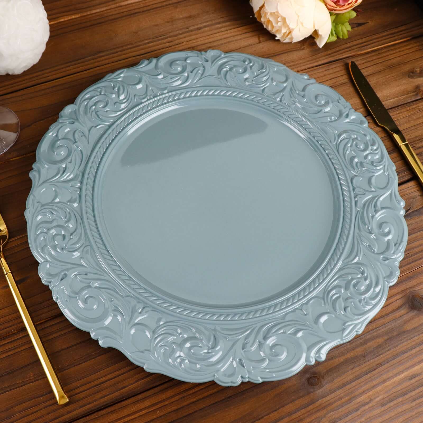 6-Pack Acrylic Charger Plates 14" Round Dusty Blue with Engraved Baroque Rim - Vintage Disposable Decorative Chargers - Image 6