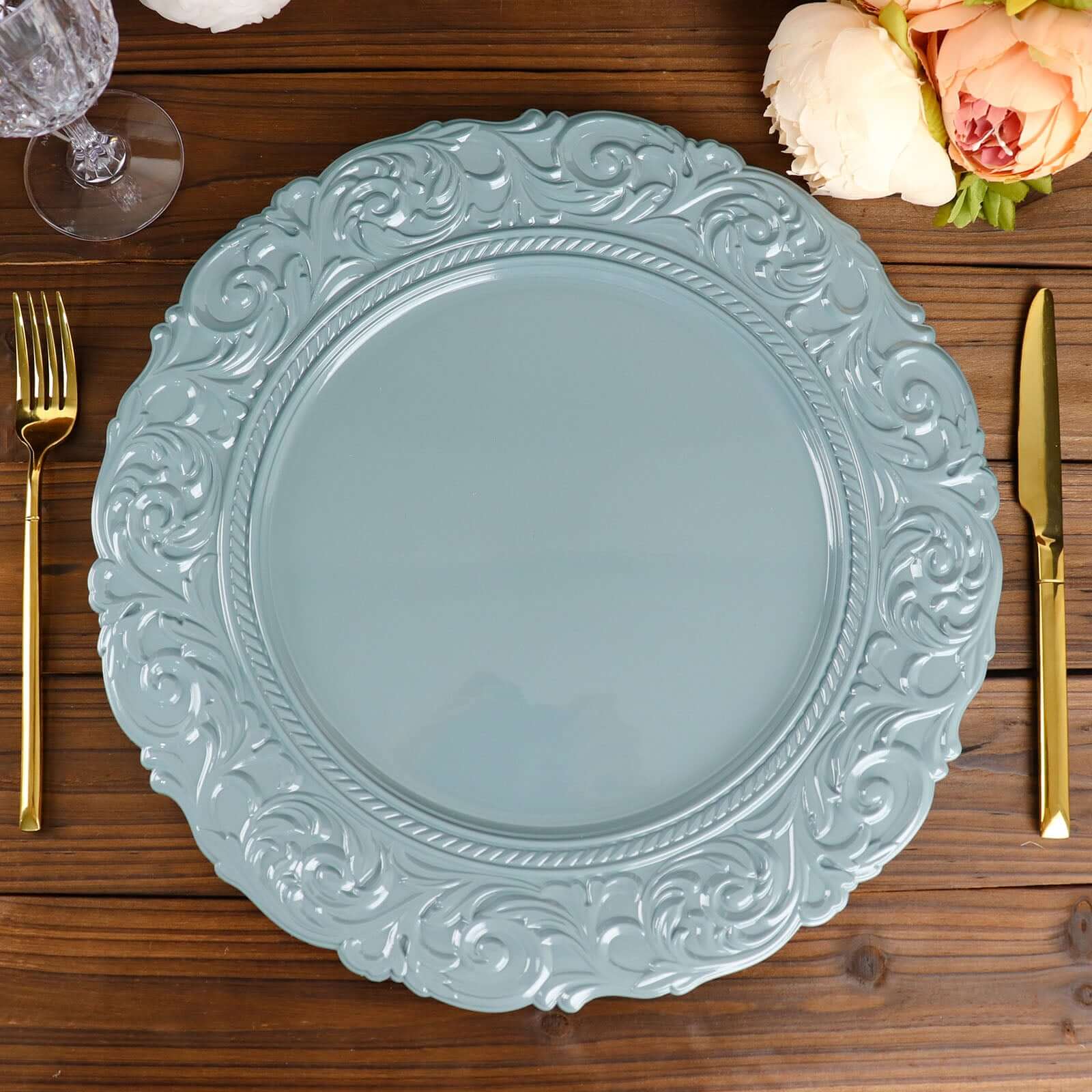 6-Pack Acrylic Charger Plates 14" Round Dusty Blue with Engraved Baroque Rim - Vintage Disposable Decorative Chargers - Image 8