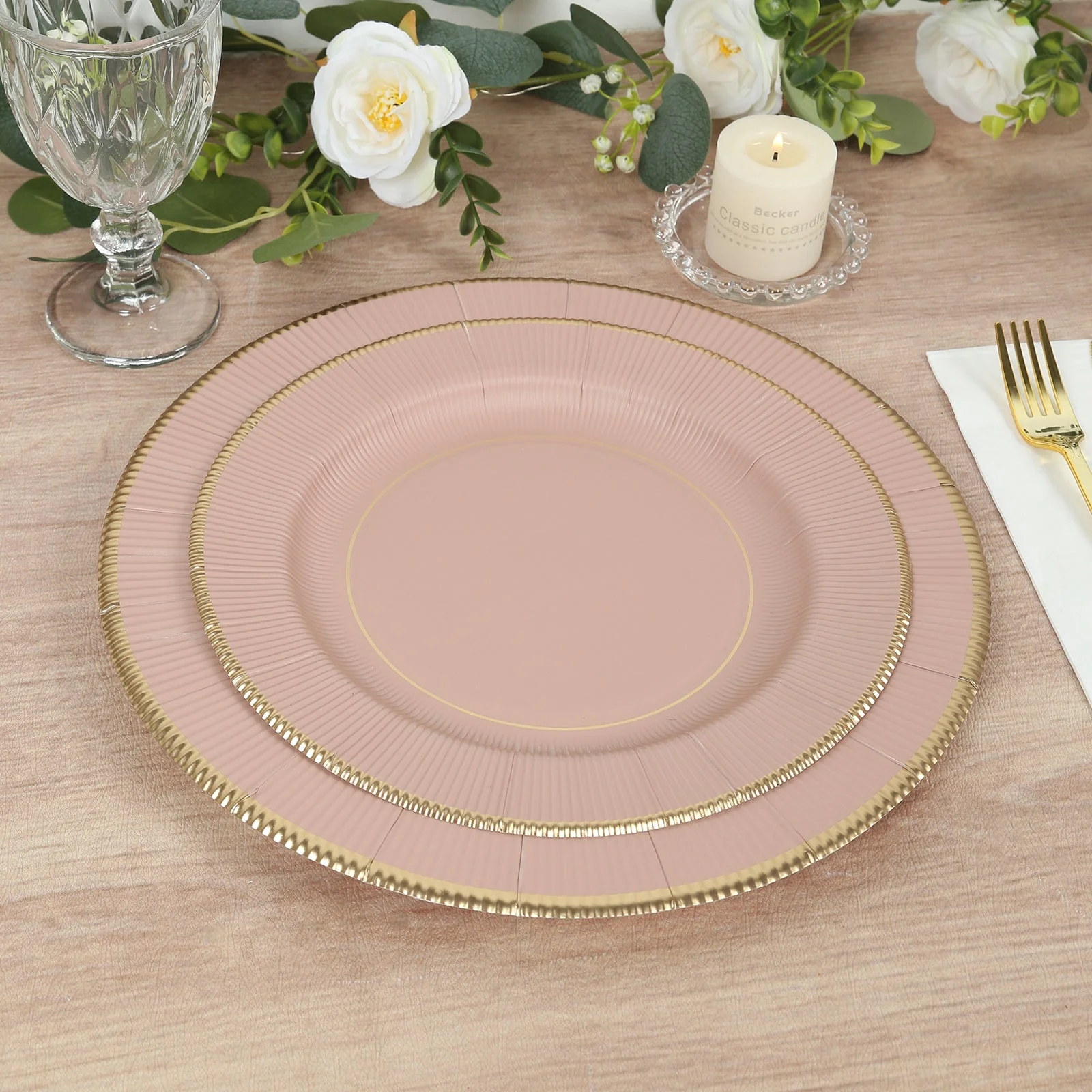 25-Pack Paper Round Dinner Plates 10" Dusty Rose Sunray Design with Gold Rim - 350GSM Heavy Duty Disposable Party Plates - Image 3
