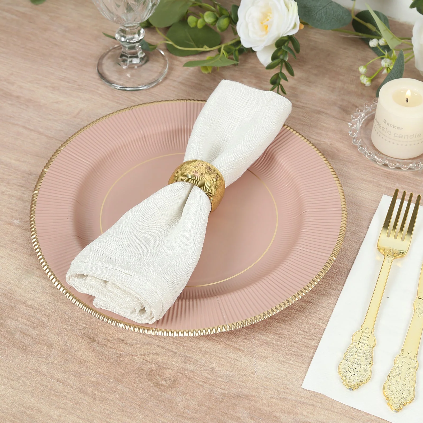 25-Pack Paper Round Dinner Plates 10" Dusty Rose Sunray Design with Gold Rim - 350GSM Heavy Duty Disposable Party Plates - Image 9
