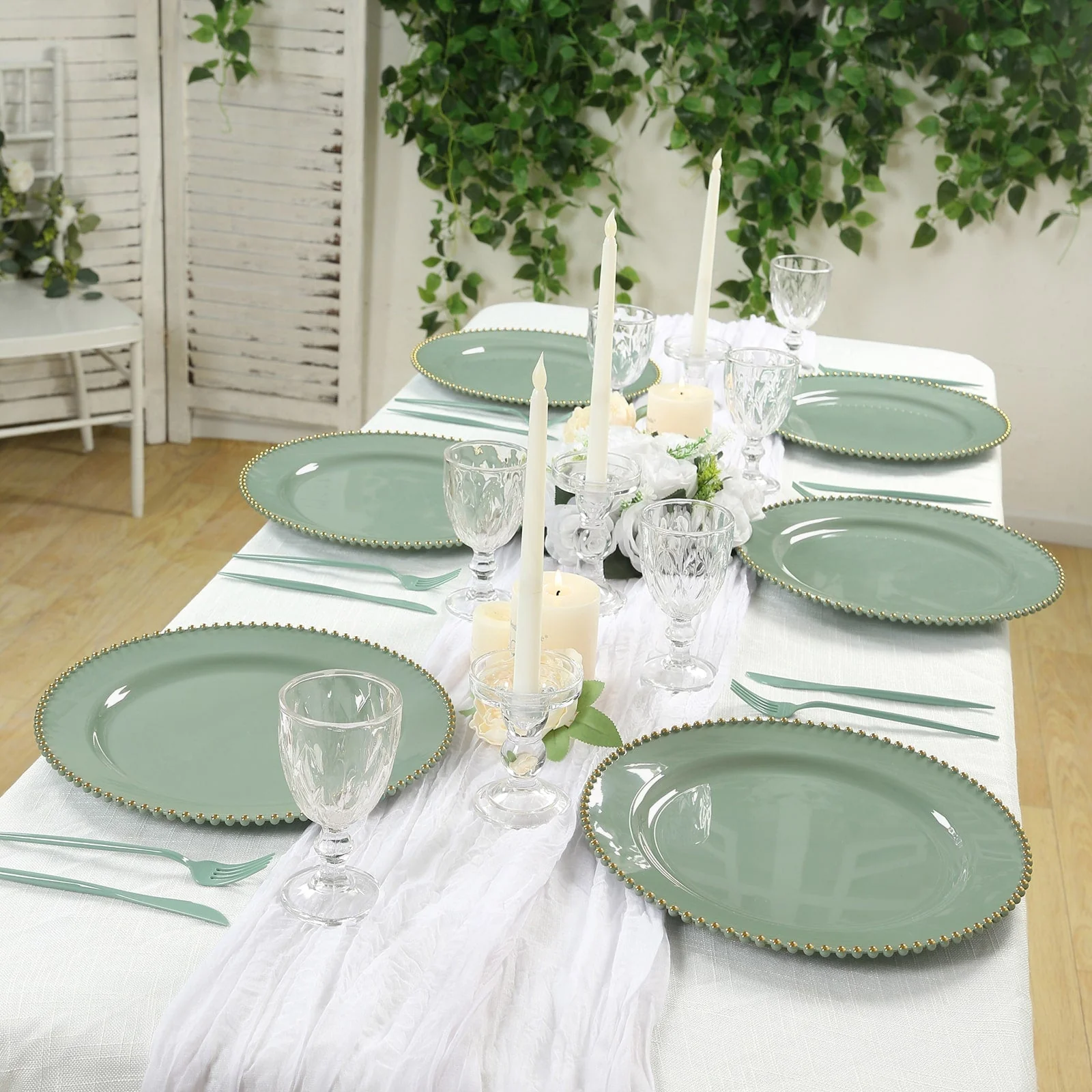 10-Pack Economy Plastic Charger Plates 13" Round Dusty Sage Green with Gold Beaded Rim - Stylish Dinner Party Serving Plates - Image 8
