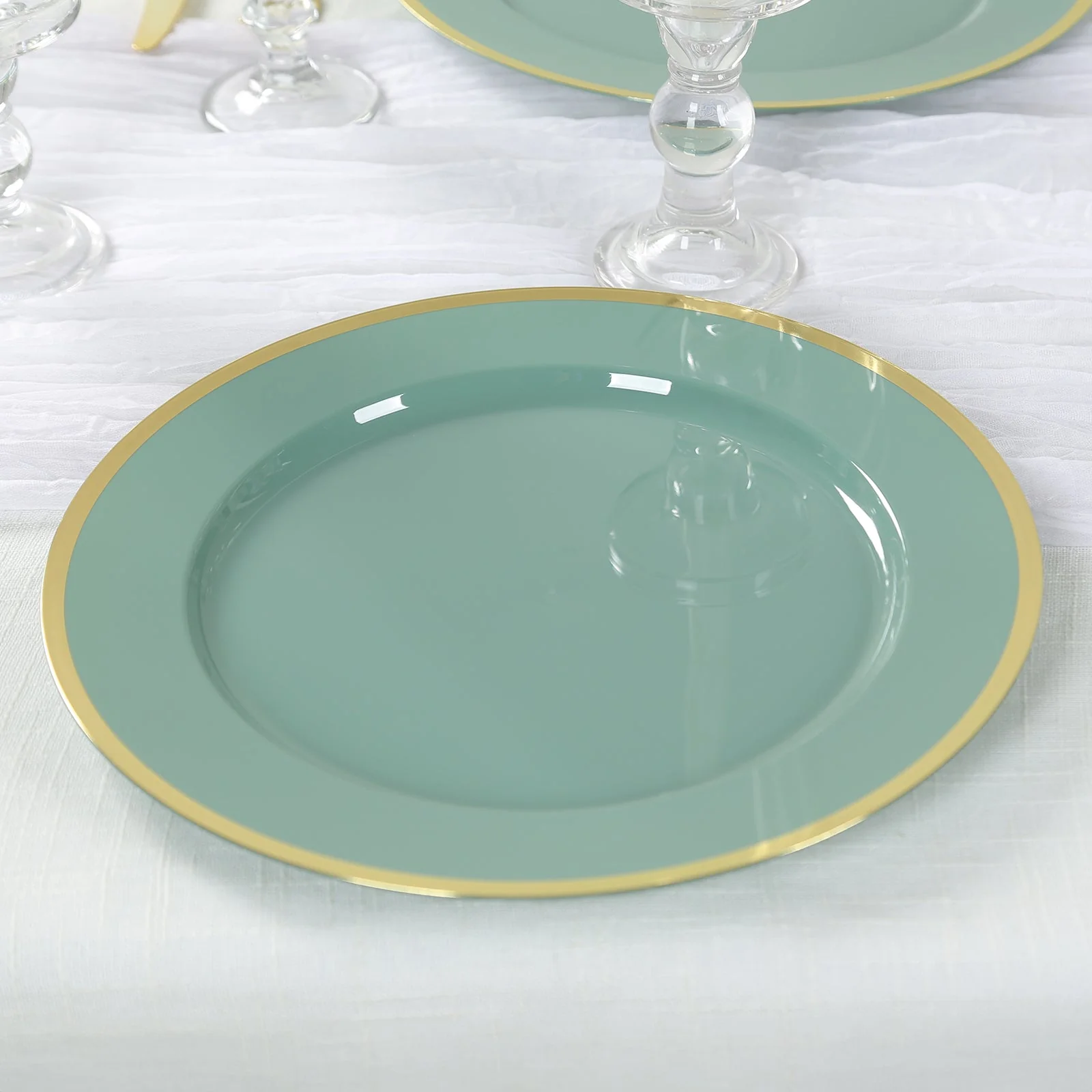 10-Pack Economy Plastic Charger Plates 12" Round Dusty Sage Green with Wide Gold Rim - Dinner Party Serving Plates - Image 6