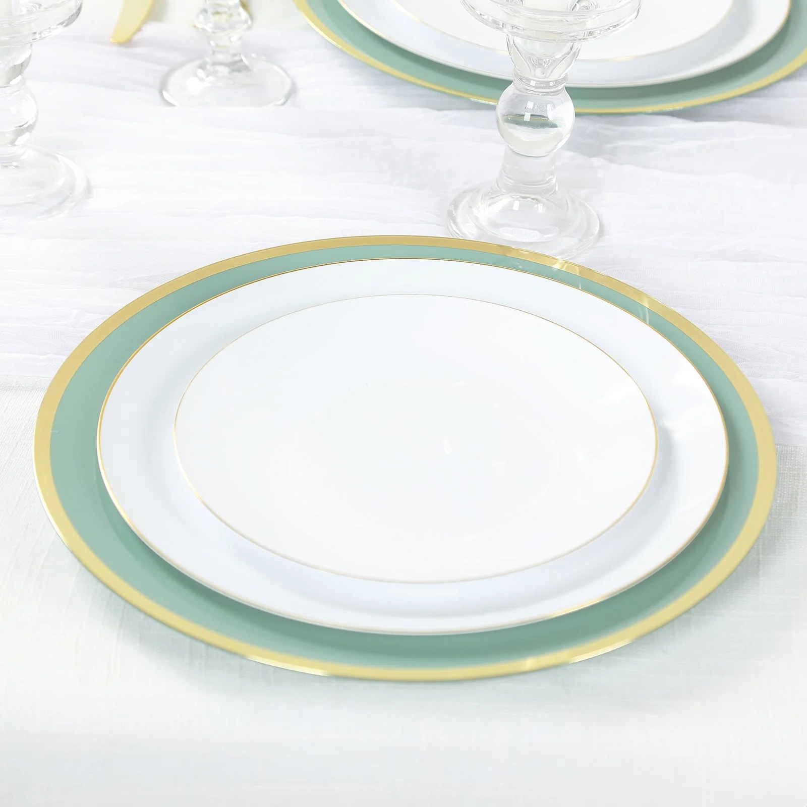 10-Pack Economy Plastic Charger Plates 12" Round Dusty Sage Green with Wide Gold Rim - Dinner Party Serving Plates - Image 7