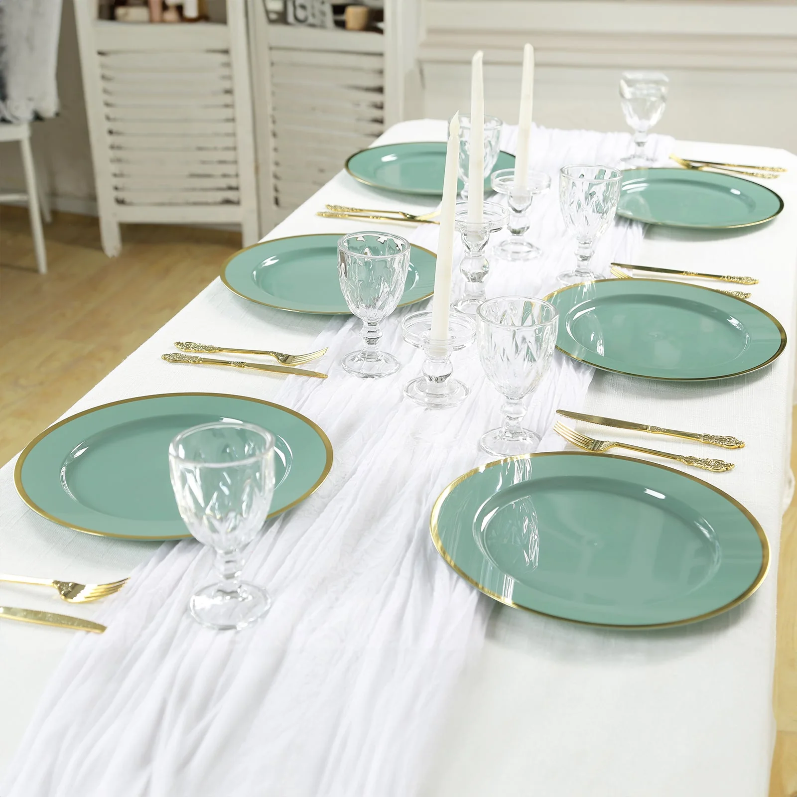 10-Pack Economy Plastic Charger Plates 12" Round Dusty Sage Green with Wide Gold Rim - Dinner Party Serving Plates - Image 8