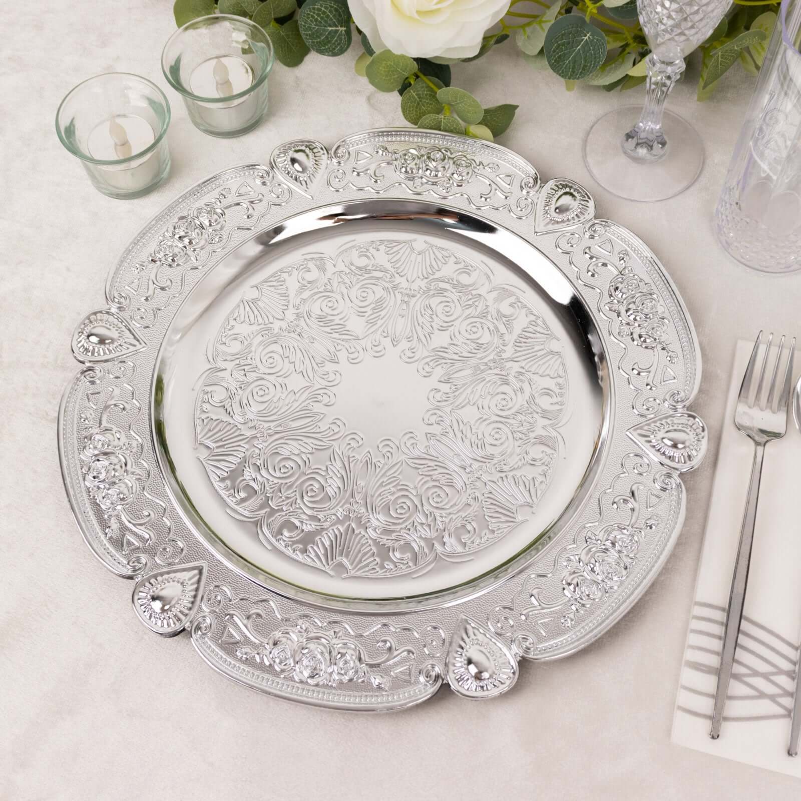 6-Pack Acrylic Charger Plates 13" Round Silver Floral Embossed with Scalloped Rim - Plastic Decorative Charger Tableware - Image 4