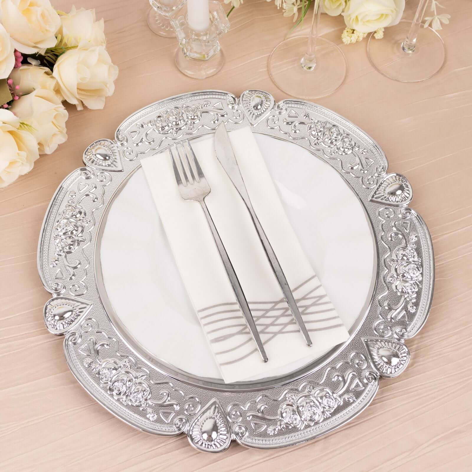 6-Pack Acrylic Charger Plates 13" Round Silver Floral Embossed with Scalloped Rim - Plastic Decorative Charger Tableware - Image 6