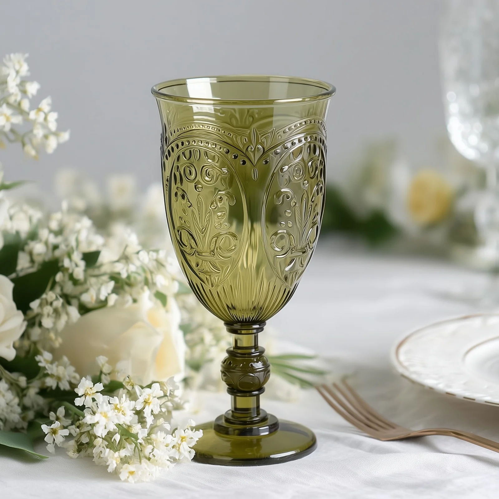 24-Pack Plastic Vintage Goblets – 10oz Transparent Dusty Sage Green Retro Embossed Wine Glasses, Elegant Water & Juice Cups - 7" Tall