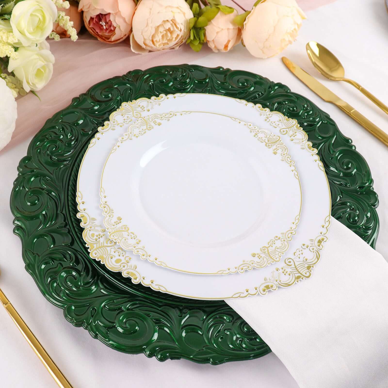 6-Pack Acrylic Charger Plates 14" Round Hunter Emerald Green with Engraved Baroque Rim - Vintage Disposable Decorative Chargers - Image 2
