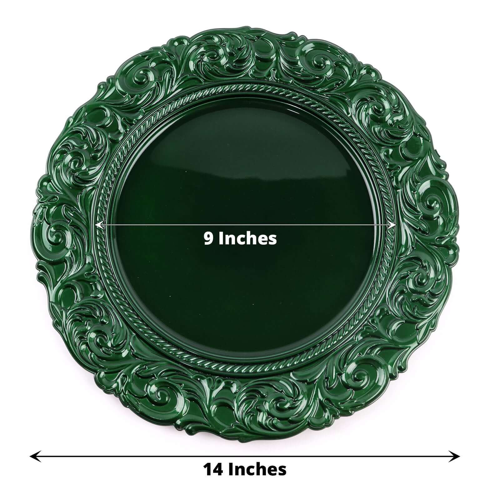 6-Pack Acrylic Charger Plates 14" Round Hunter Emerald Green with Engraved Baroque Rim - Vintage Disposable Decorative Chargers - Image 3