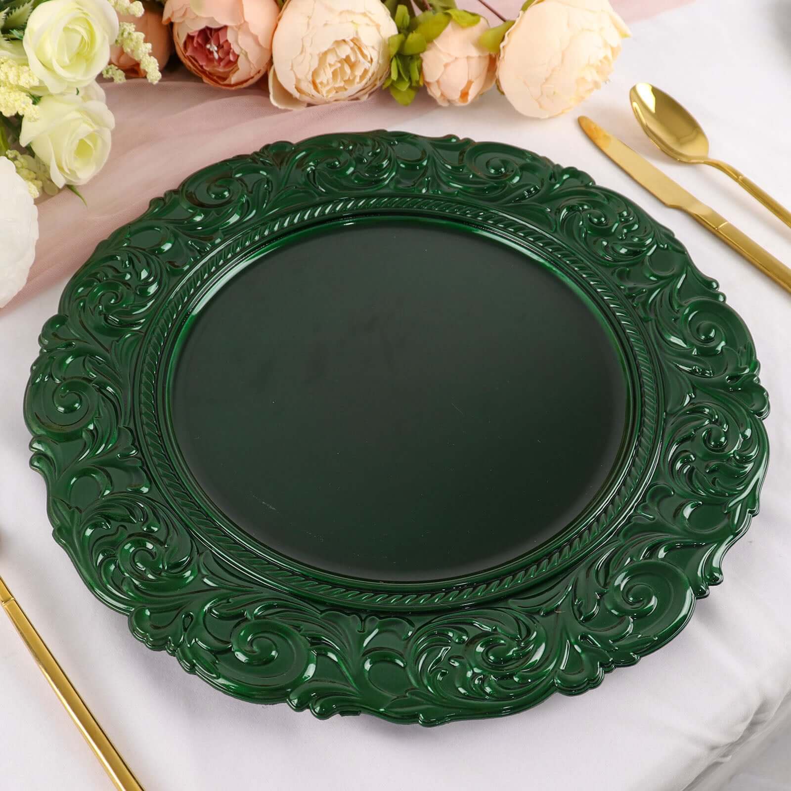 6-Pack Acrylic Charger Plates 14" Round Hunter Emerald Green with Engraved Baroque Rim - Vintage Disposable Decorative Chargers - Image 6