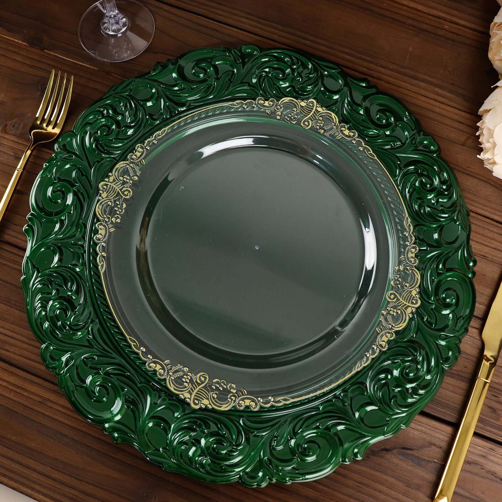 6-Pack Acrylic Charger Plates 14" Round Hunter Emerald Green with Engraved Baroque Rim - Vintage Disposable Decorative Chargers - Image 8