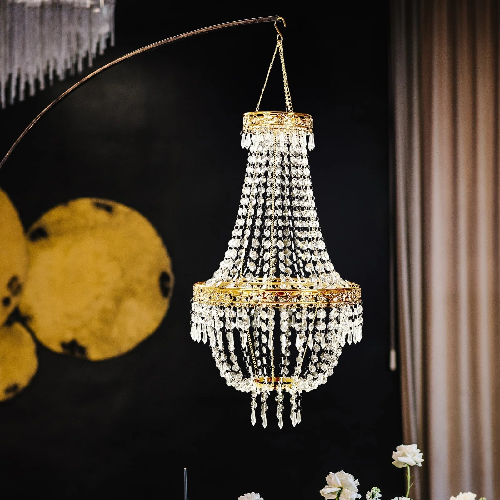 Empire Style Beaded Crystal Chandelier with Gold Ornate Metal Frame, Adjustable Hanging Farmhouse Pendant Ceiling Lighting - 2ft - Image 10