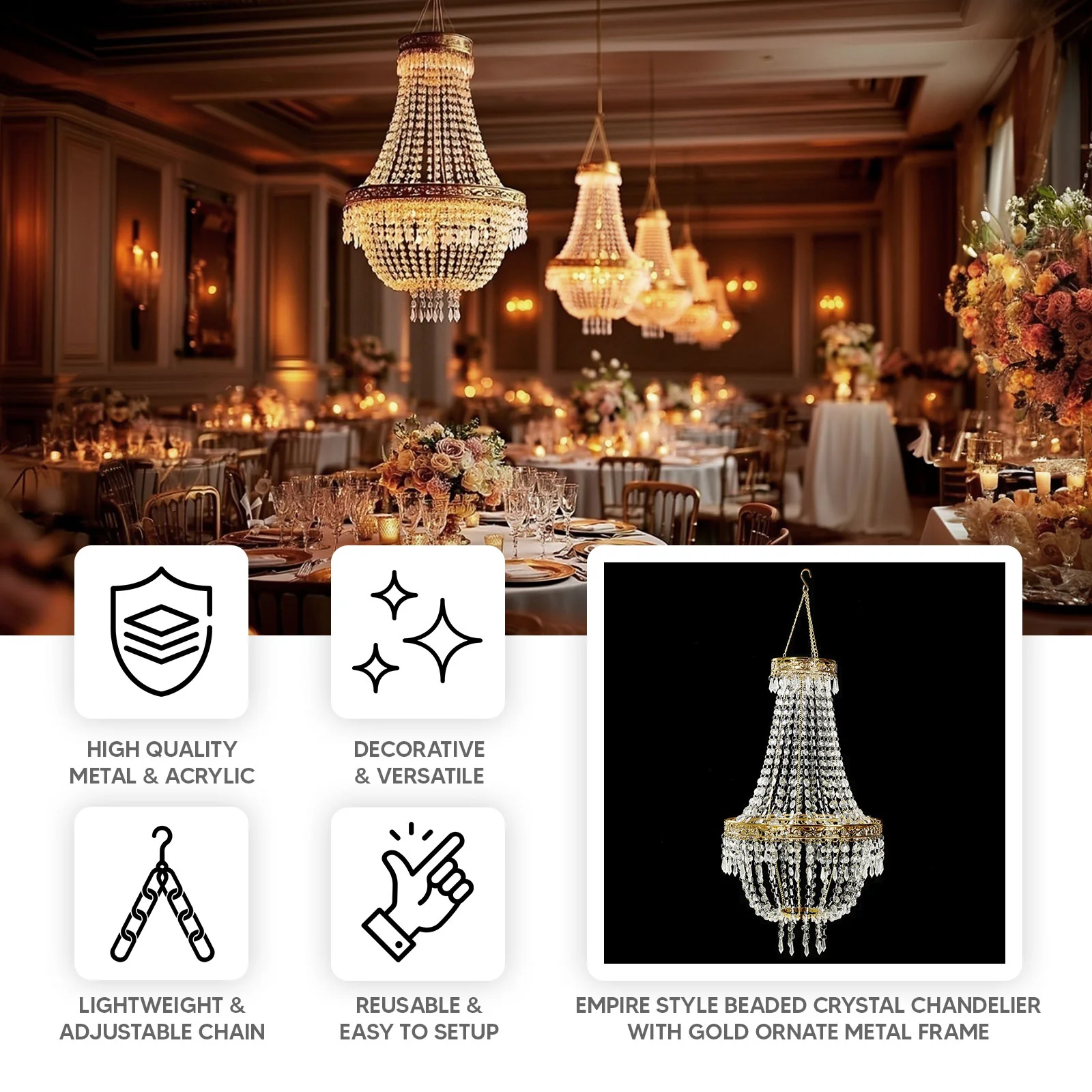 Empire Style Beaded Crystal Chandelier with Gold Ornate Metal Frame, Adjustable Hanging Farmhouse Pendant Ceiling Lighting - 2ft - Image 4