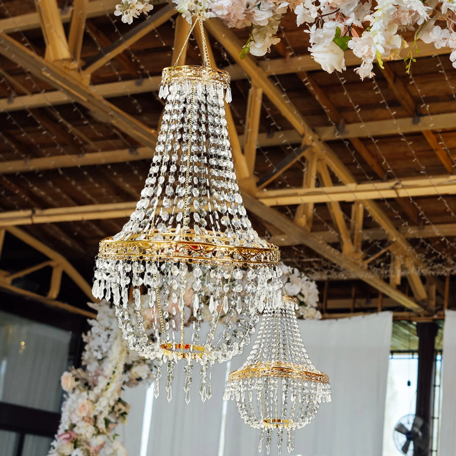Empire Style Beaded Crystal Chandelier with Gold Ornate Metal Frame, Adjustable Hanging Farmhouse Pendant Ceiling Lighting - 5ft - Image 7