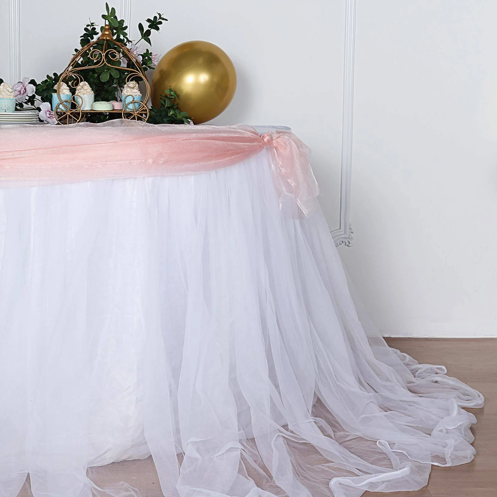 Extra Long Tulle Table Skirt 14ft White with Satin Edge for Baby Showers & Events Table Cover - Image 5