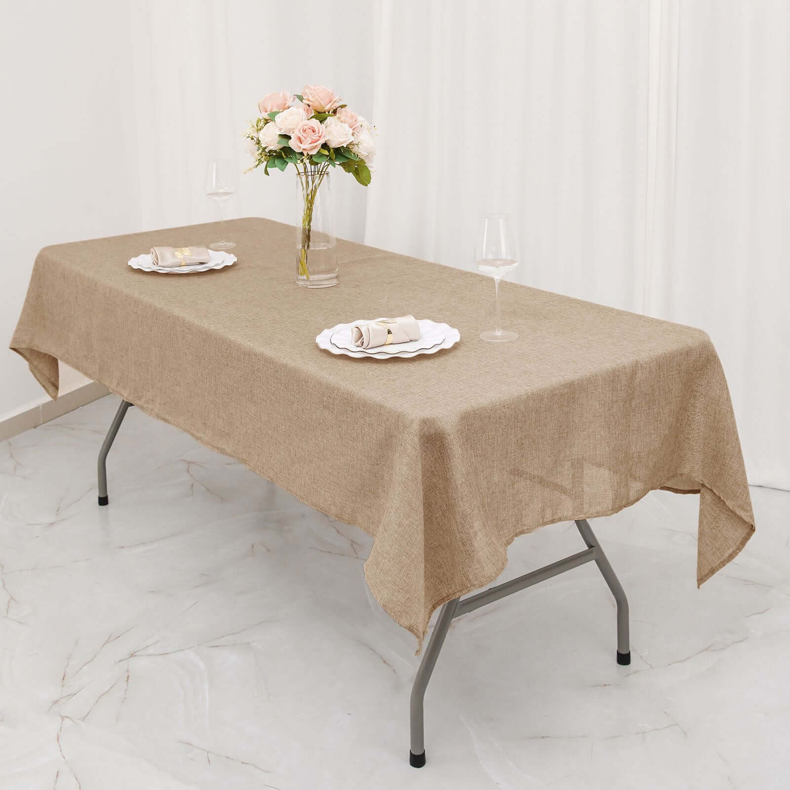 Faux Burlap Jute Rectangle Tablecloth 54"x96" Natural - Rustic Table Linen for Events - Image 2