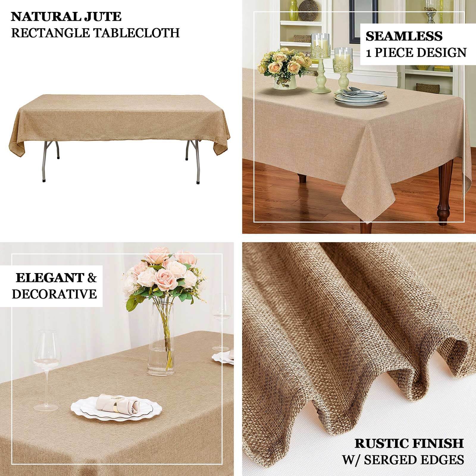 Faux Burlap Jute Rectangle Tablecloth 54"x96" Natural - Rustic Table Linen for Events - Image 3