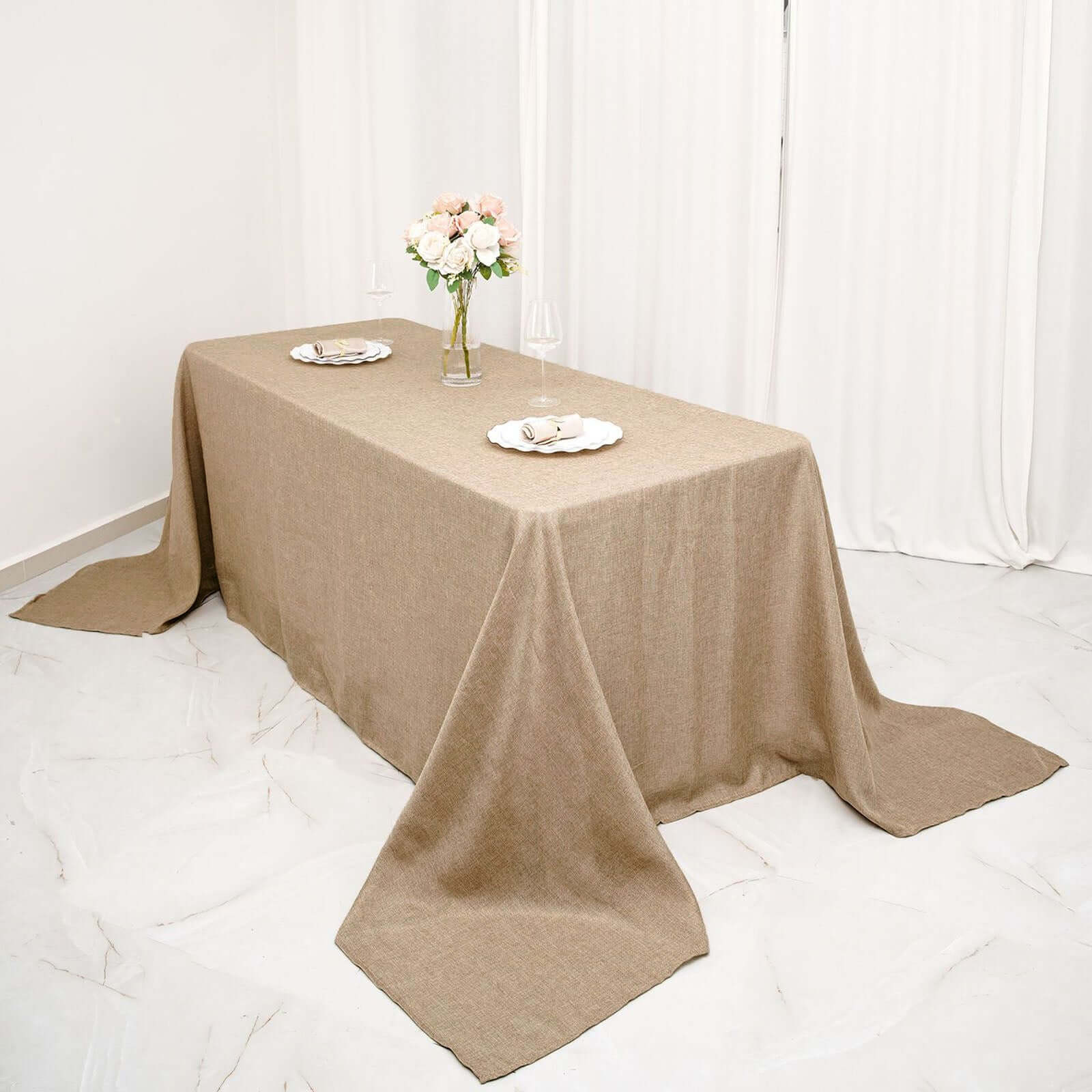 Faux Burlap Jute Rectangle Tablecloth 90"x132" Natural - Rustic Seamless Table Linen for Events - Image 2