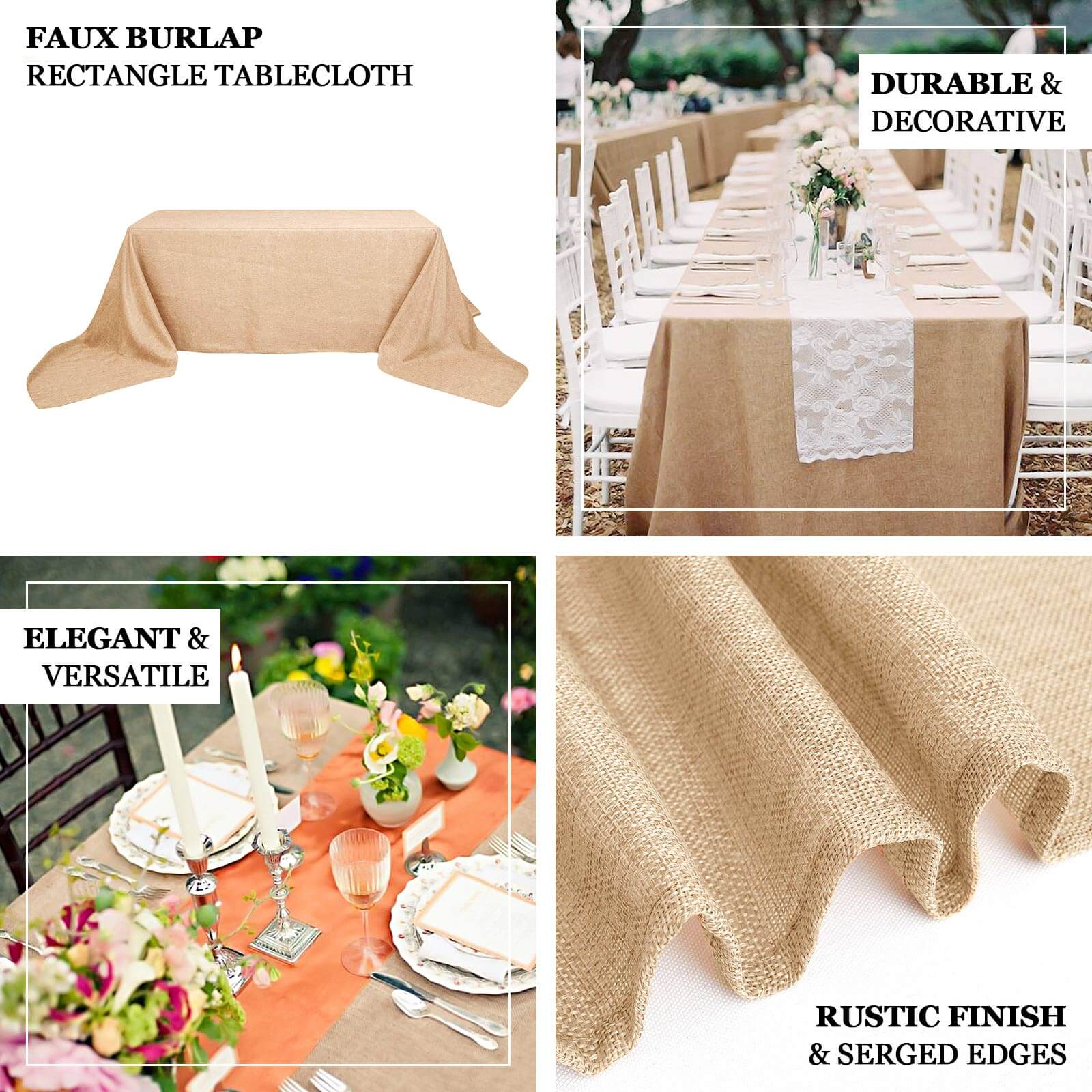 Faux Burlap Jute Rectangle Tablecloth 90"x132" Natural - Rustic Seamless Table Linen for Events - Image 3