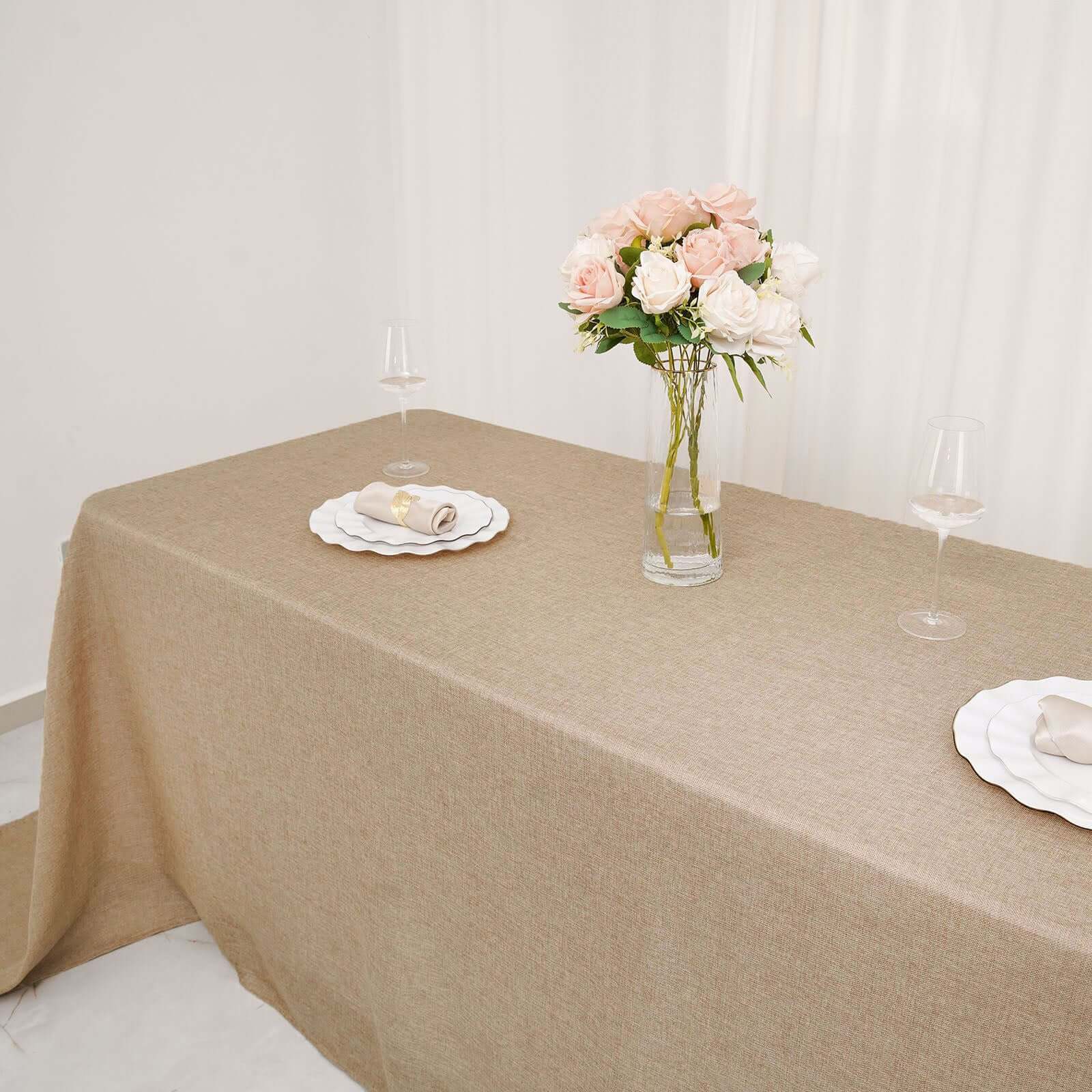 Faux Burlap Jute Rectangle Tablecloth 90"x132" Natural - Rustic Seamless Table Linen for Events - Image 5