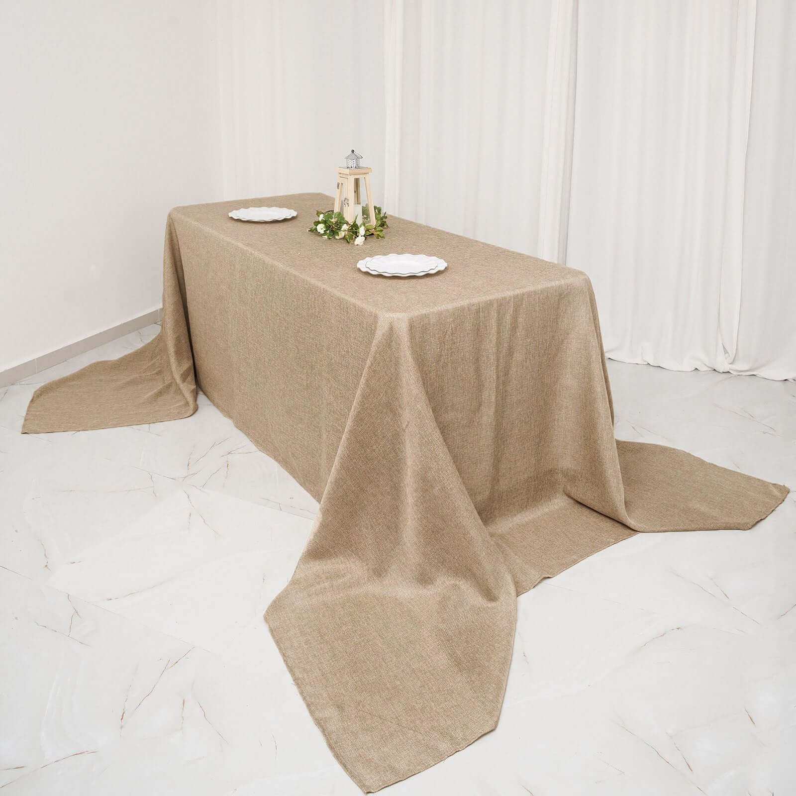 Faux Burlap Jute Rectangle Tablecloth 90"x156" Natural - Rustic Seamless Table Linen for Events - Image 2