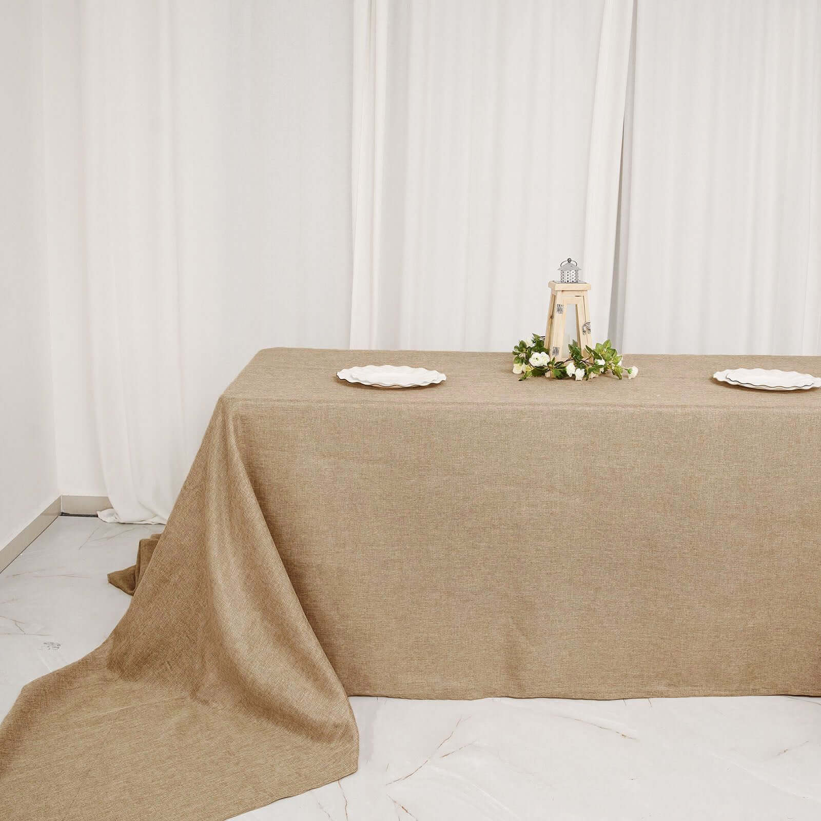 Faux Burlap Jute Rectangle Tablecloth 90"x156" Natural - Rustic Seamless Table Linen for Events - Image 5