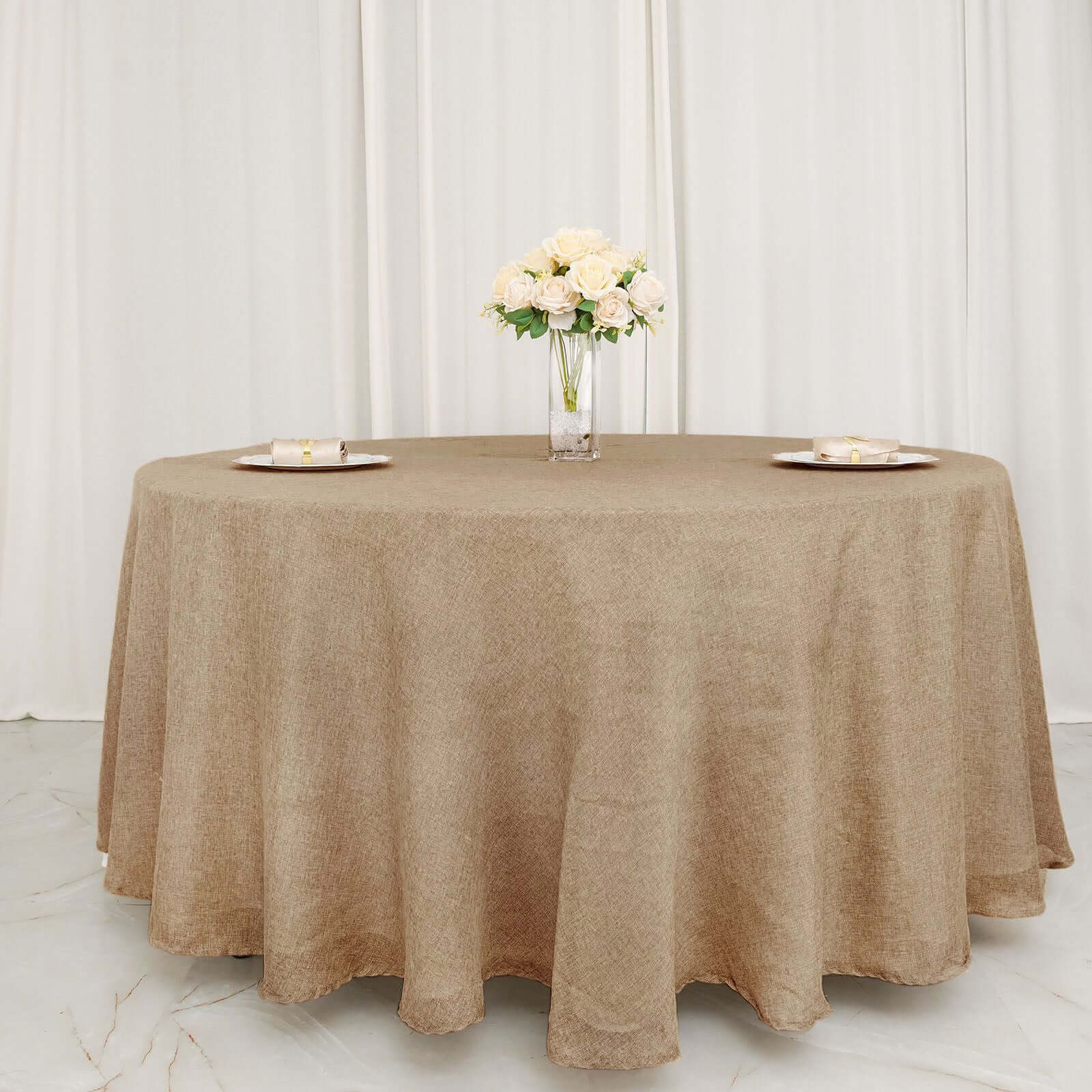Faux Burlap Jute Round Tablecloth 120" Natural - Rustic Seamless Table Linen for Events - Image 5