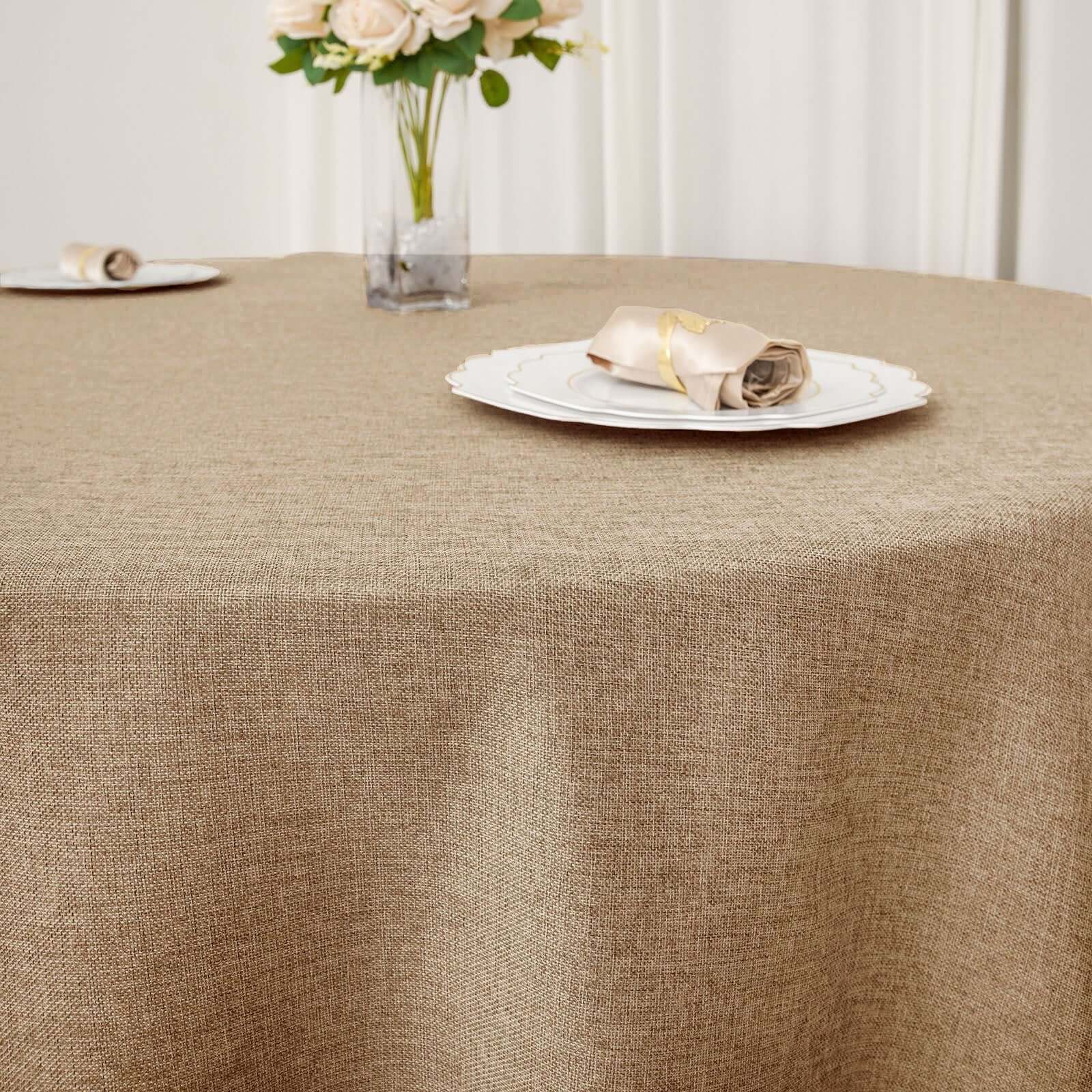 Faux Burlap Jute Round Tablecloth 120" Natural - Rustic Seamless Table Linen for Events - Image 7