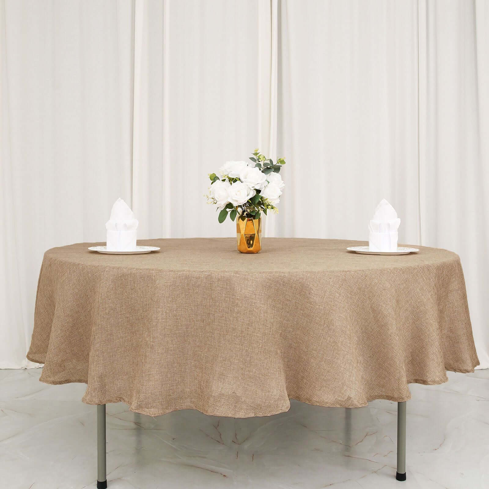 Faux Burlap Jute Round Tablecloth 90" Natural - Rustic Table Linen for Events - Image 2