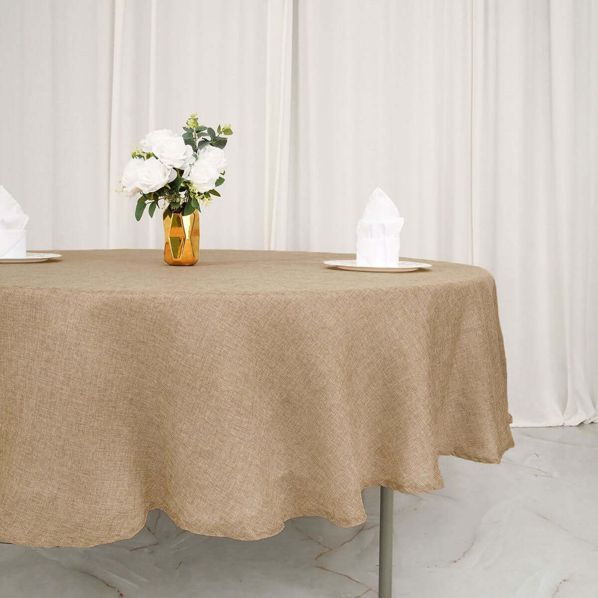 Faux Burlap Jute Round Tablecloth 90" Natural - Rustic Table Linen for Events - Image 3
