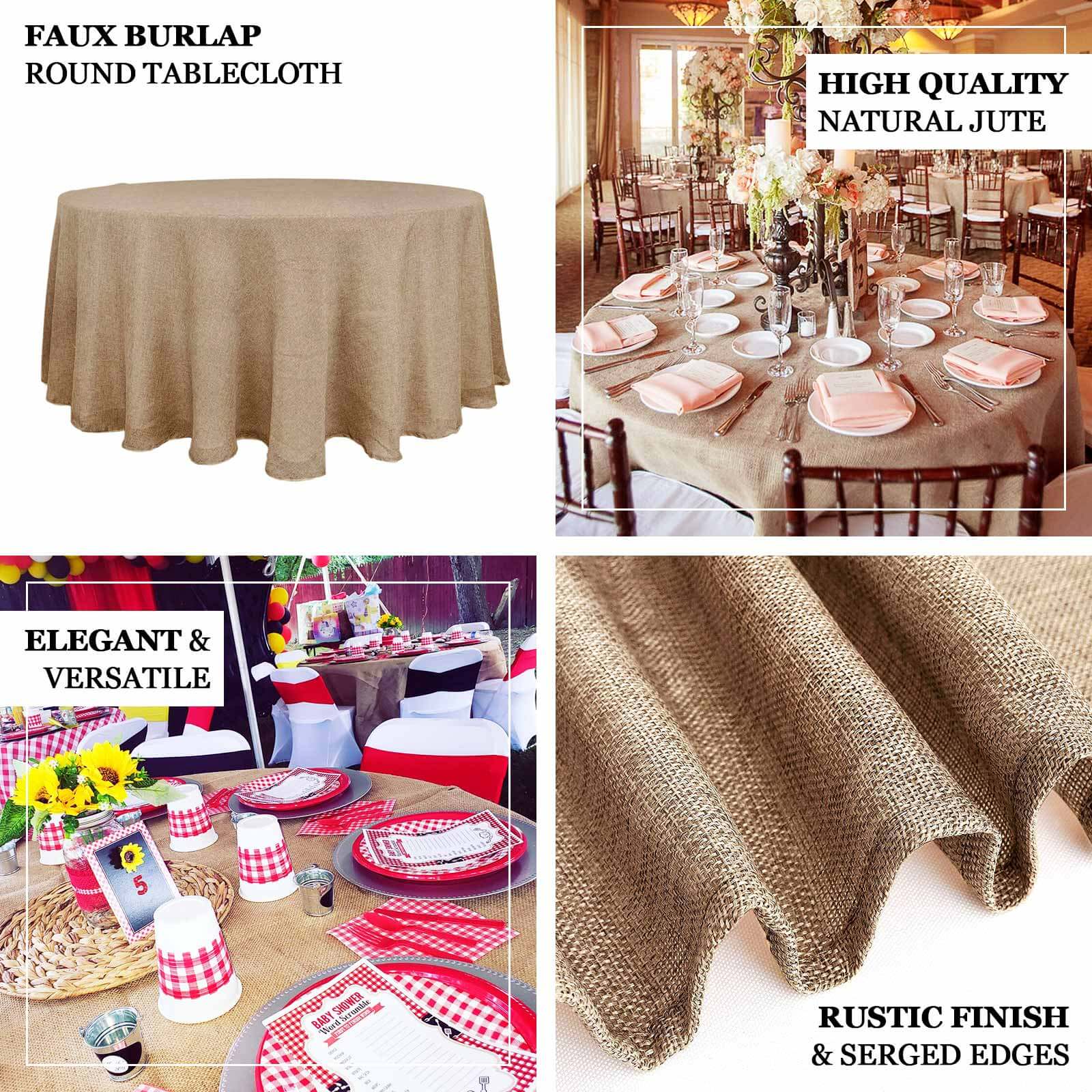 Faux Burlap Jute Round Tablecloth 90" Natural - Rustic Table Linen for Events - Image 4