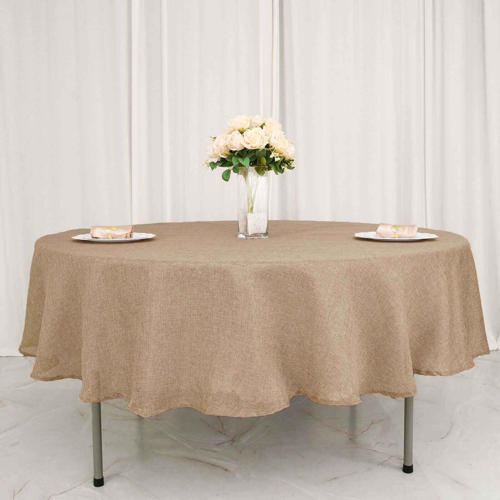 Faux Burlap Jute Round Tablecloth 90" Natural - Rustic Table Linen for Events - Image 6