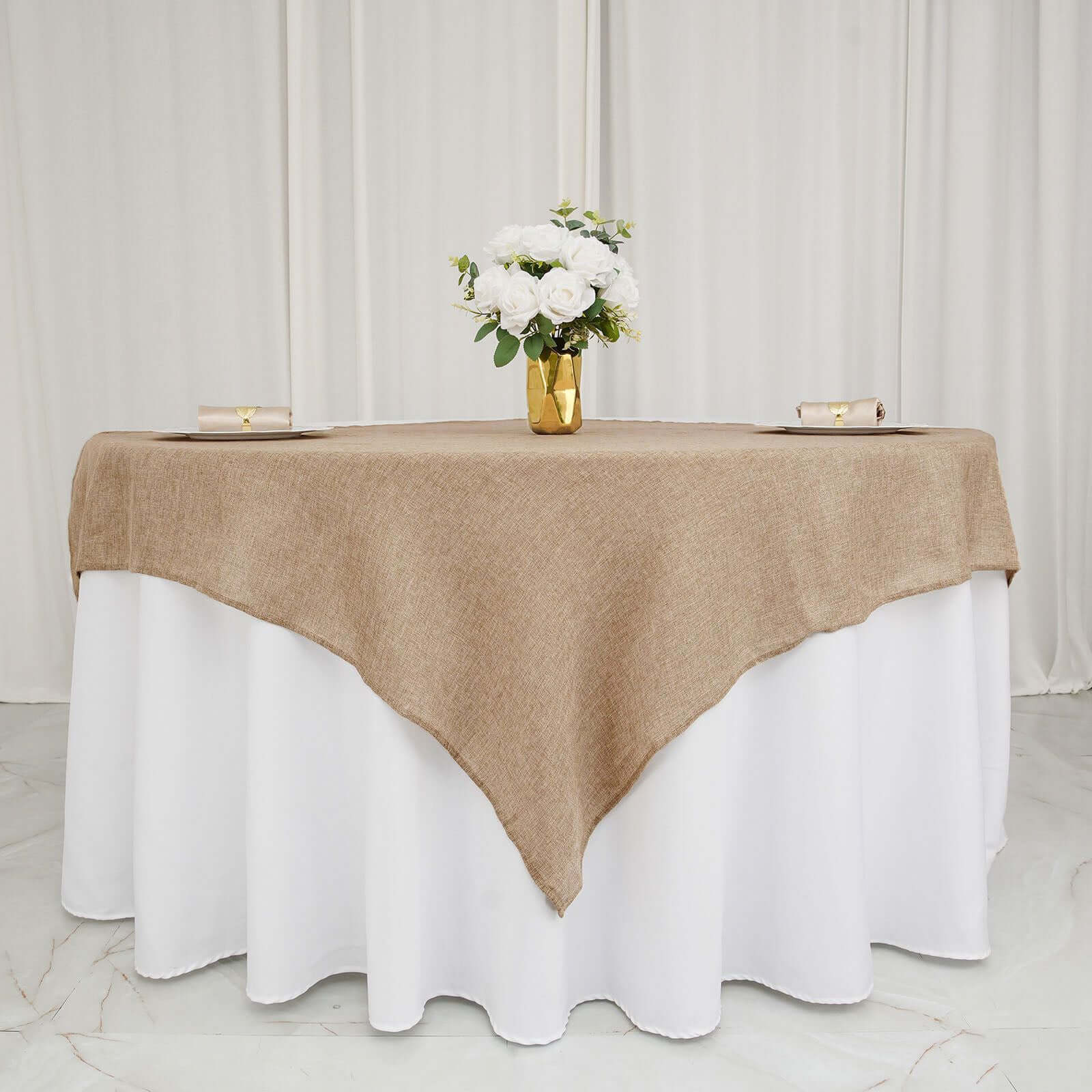 Faux Burlap Jute Square Table Overlay 54"x54" Natural - Rustic Table Topper for Events - Image 2
