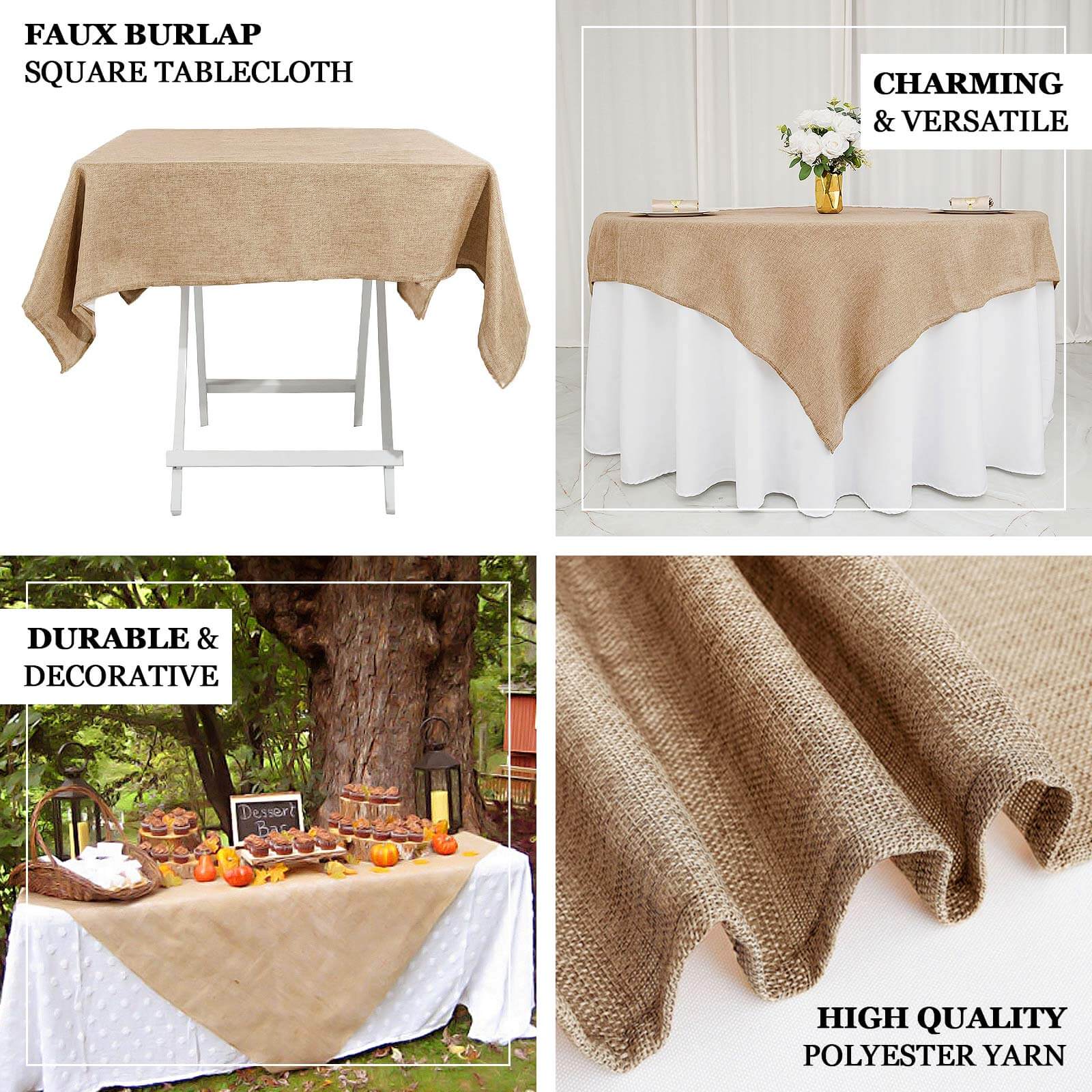 Faux Burlap Jute Square Table Overlay 54"x54" Natural - Rustic Table Topper for Events - Image 3
