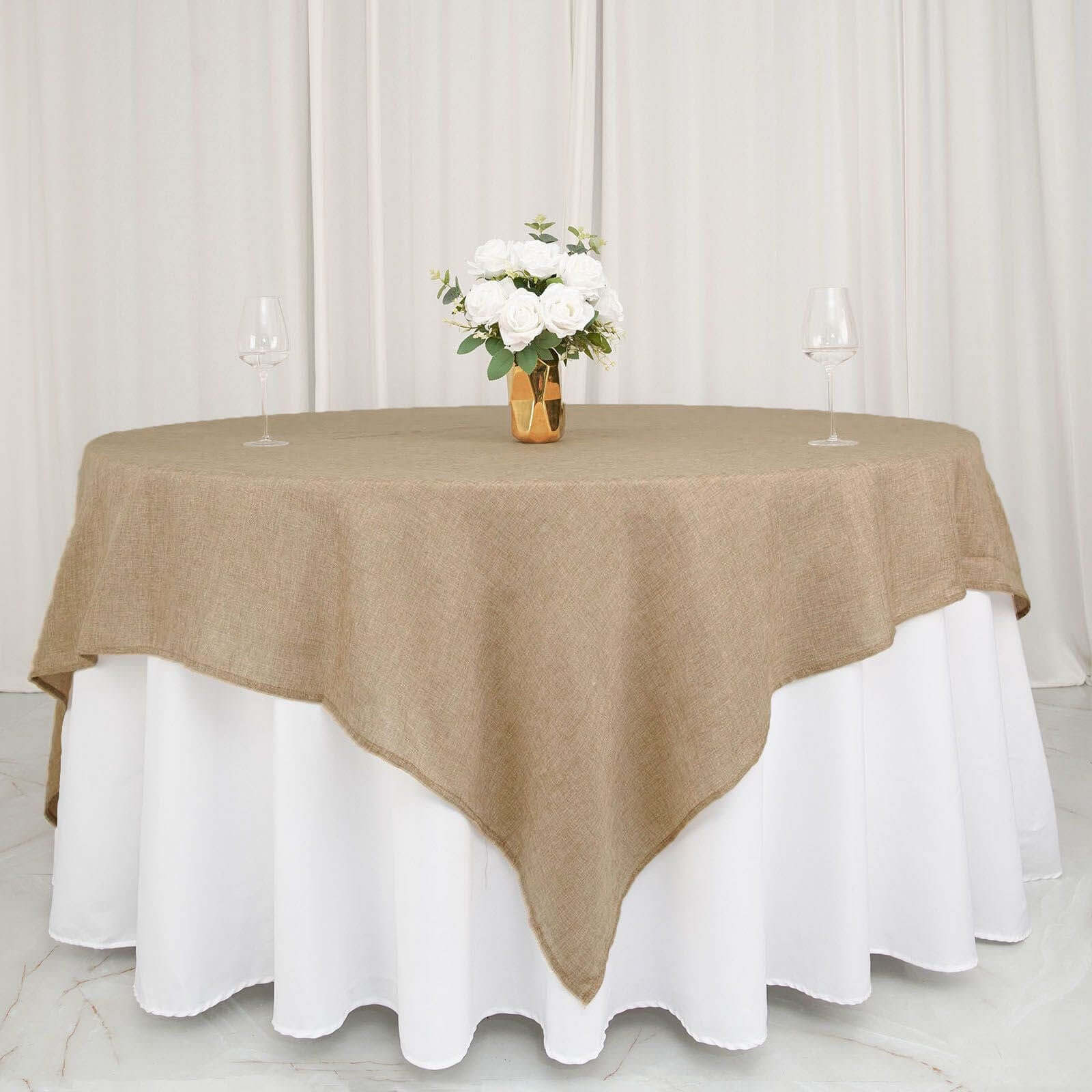 Faux Burlap Jute Table Overlay 90"x90" Natural with Boho Chic Design - Perfect for Rustic Events - Image 2