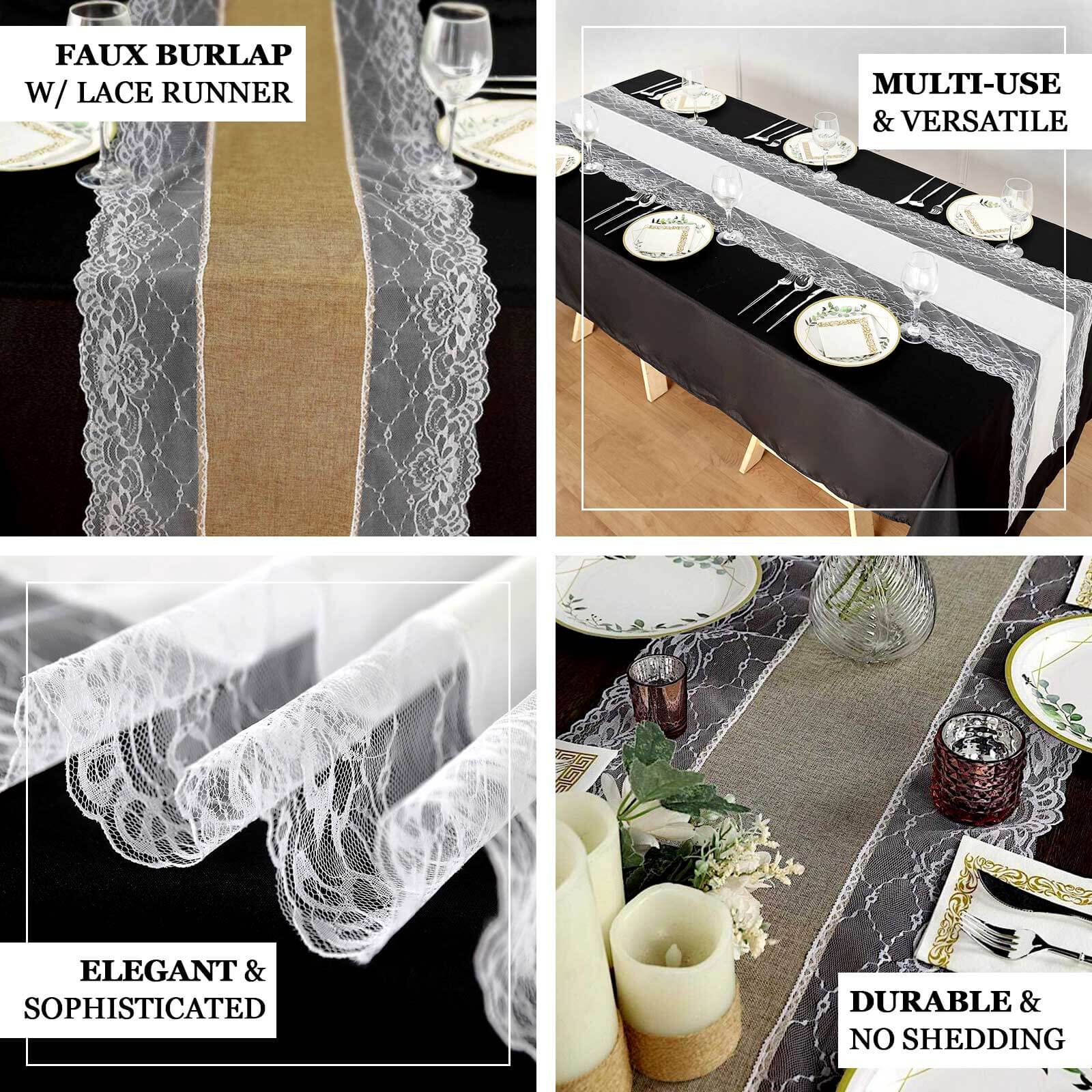 Faux Burlap Jute Table Runner 16"x108" White With Lace Edging - Rustic Farmhouse Tabletop Decor - Image 3
