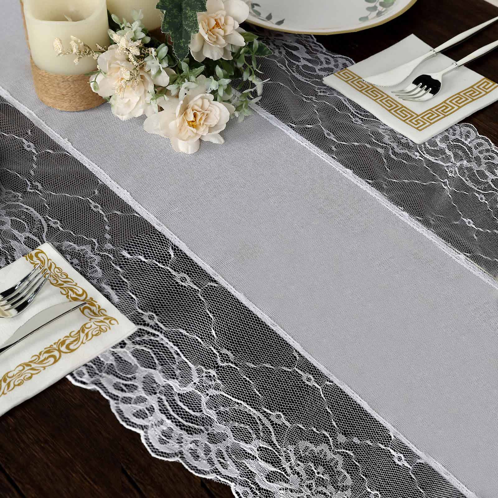 Faux Burlap Jute Table Runner 16"x108" White With Lace Edging - Rustic Farmhouse Tabletop Decor - Image 5