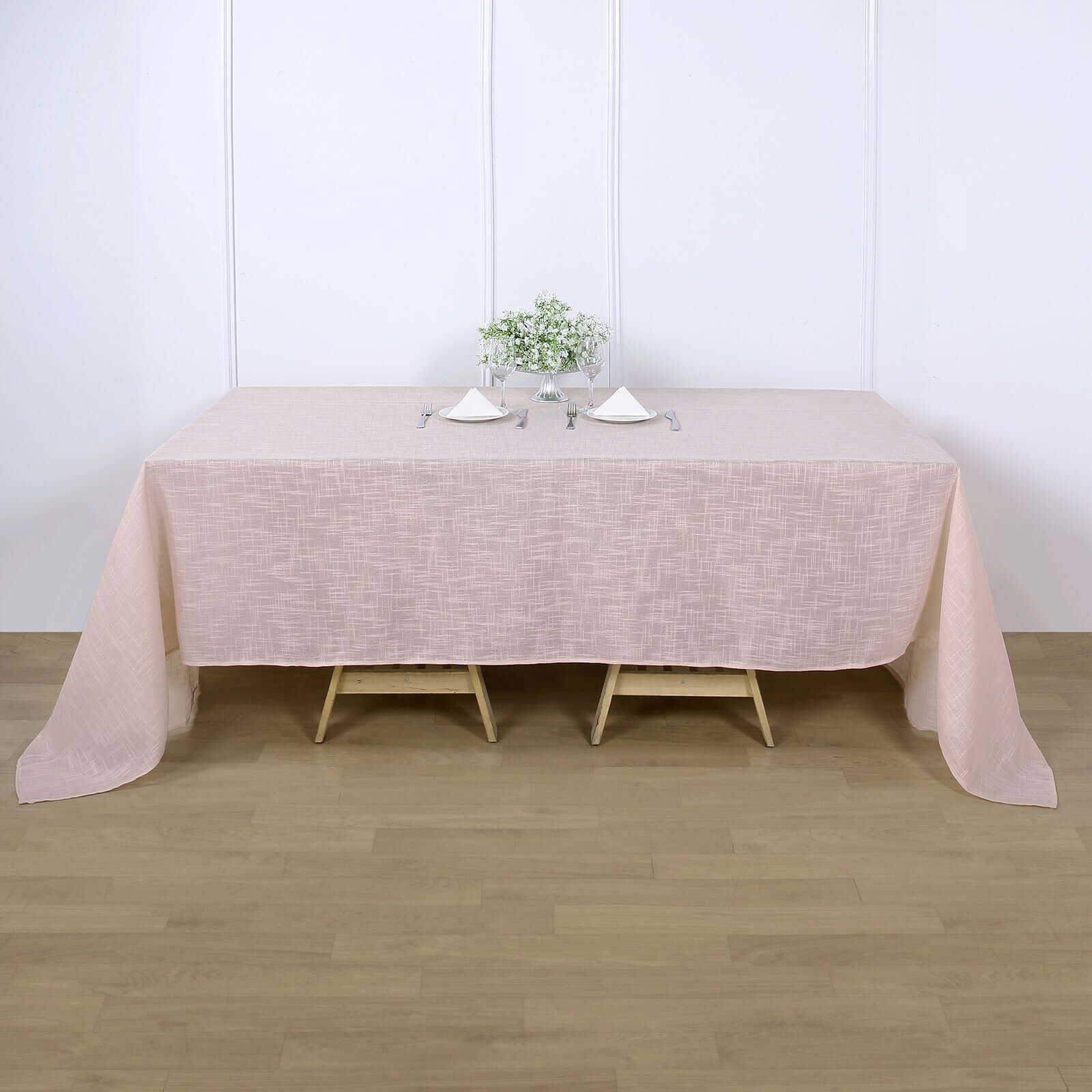 Faux Linen Rectangular Tablecloth 90"x132" Blush with Slubby Textured - Wrinkle Resistant & Seamless Table Cover - Image 2