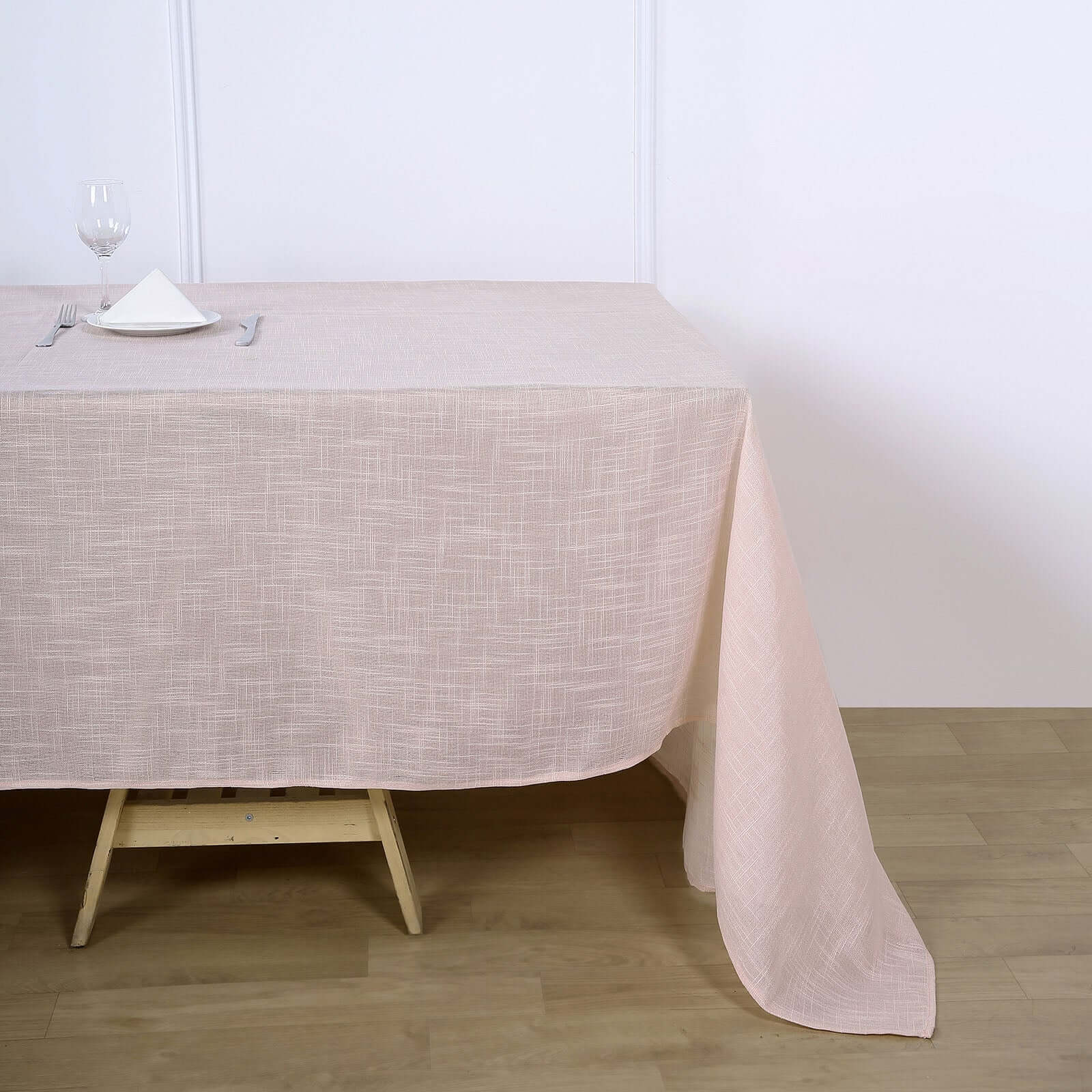 Faux Linen Rectangular Tablecloth 90"x132" Blush with Slubby Textured - Wrinkle Resistant & Seamless Table Cover - Image 3