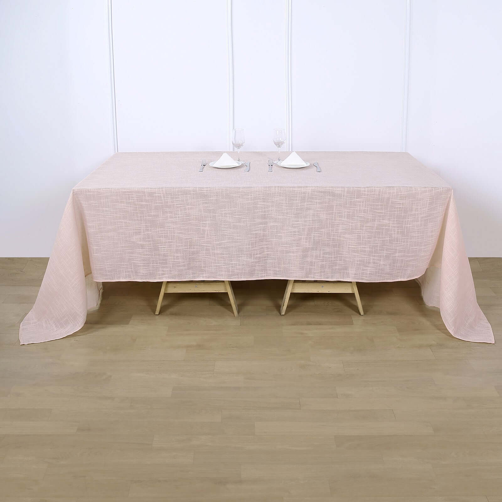 Faux Linen Rectangular Tablecloth 90"x132" Blush with Slubby Textured - Wrinkle Resistant & Seamless Table Cover - Image 6